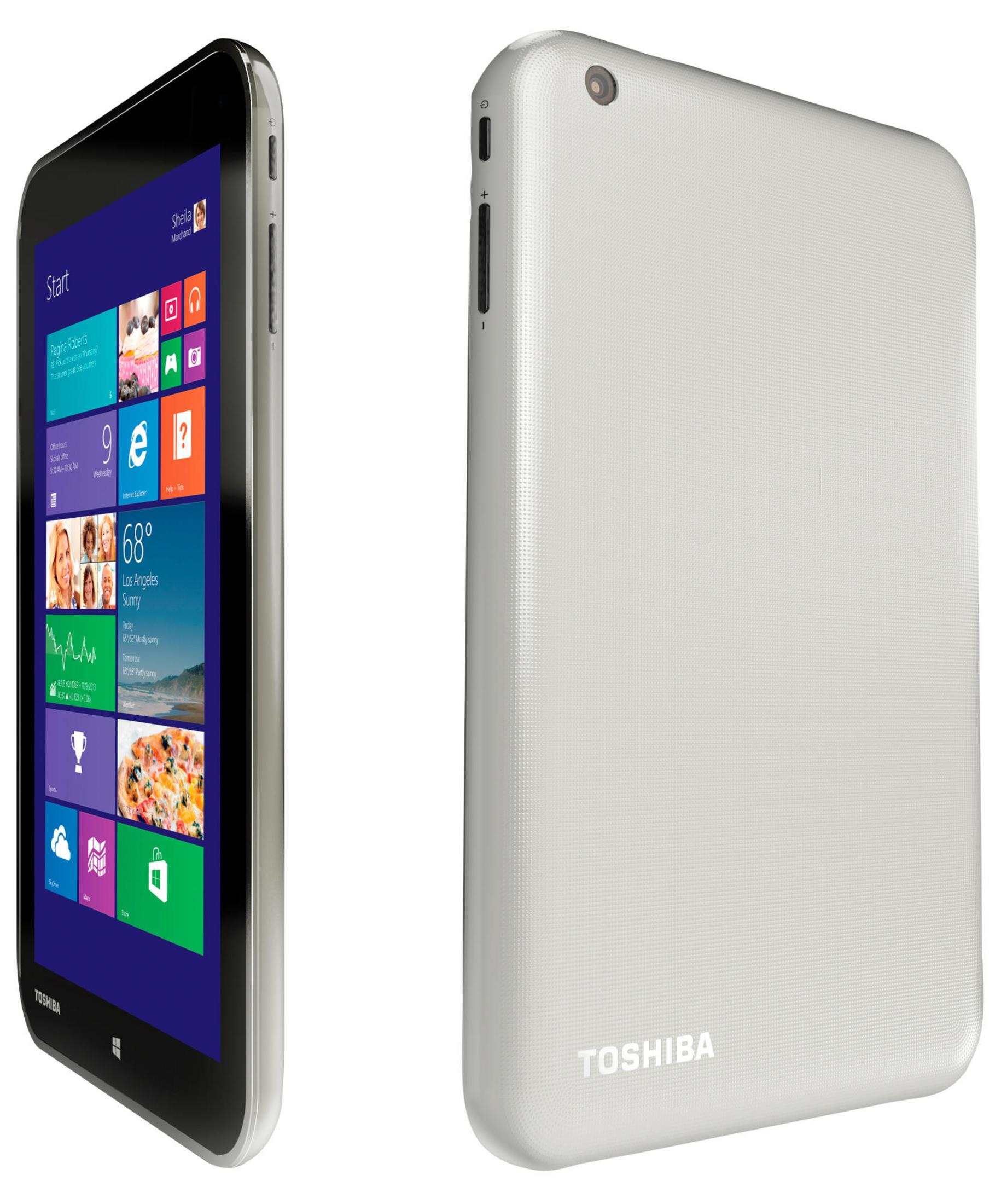 Tablet mit Windows-Startbildschirm. Weißer Rahmen mit Rück- und Seitenansicht.