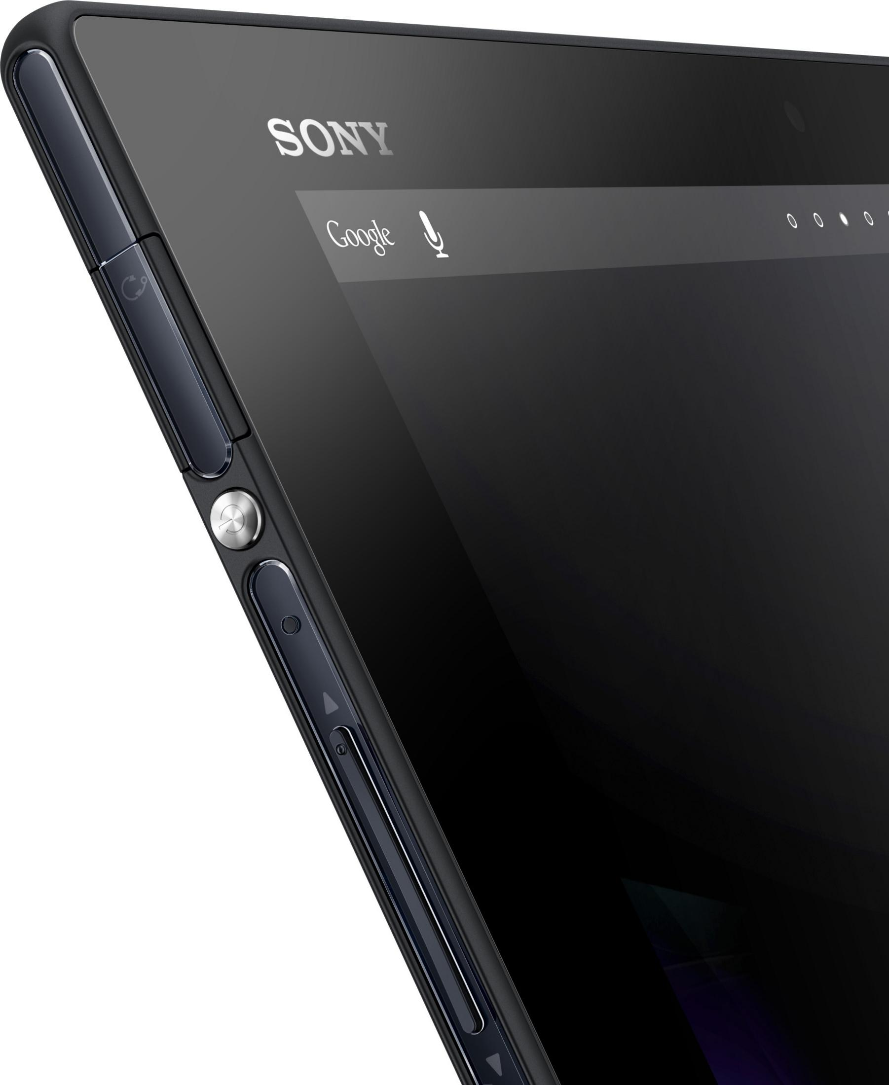 Nahaufnahme eines schwarzen Sony-Tablets. Seite mit Knöpfen. Der Hintergrund ist schwarz.
