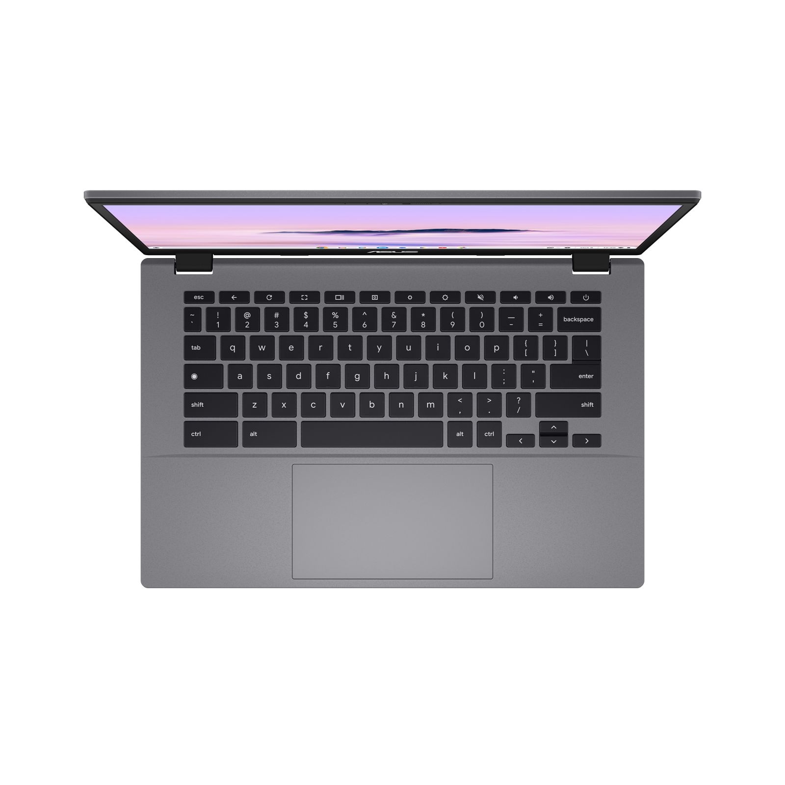 Grauer Laptop von oben, zeigt den geöffneten Bildschirm und die Tastatur.