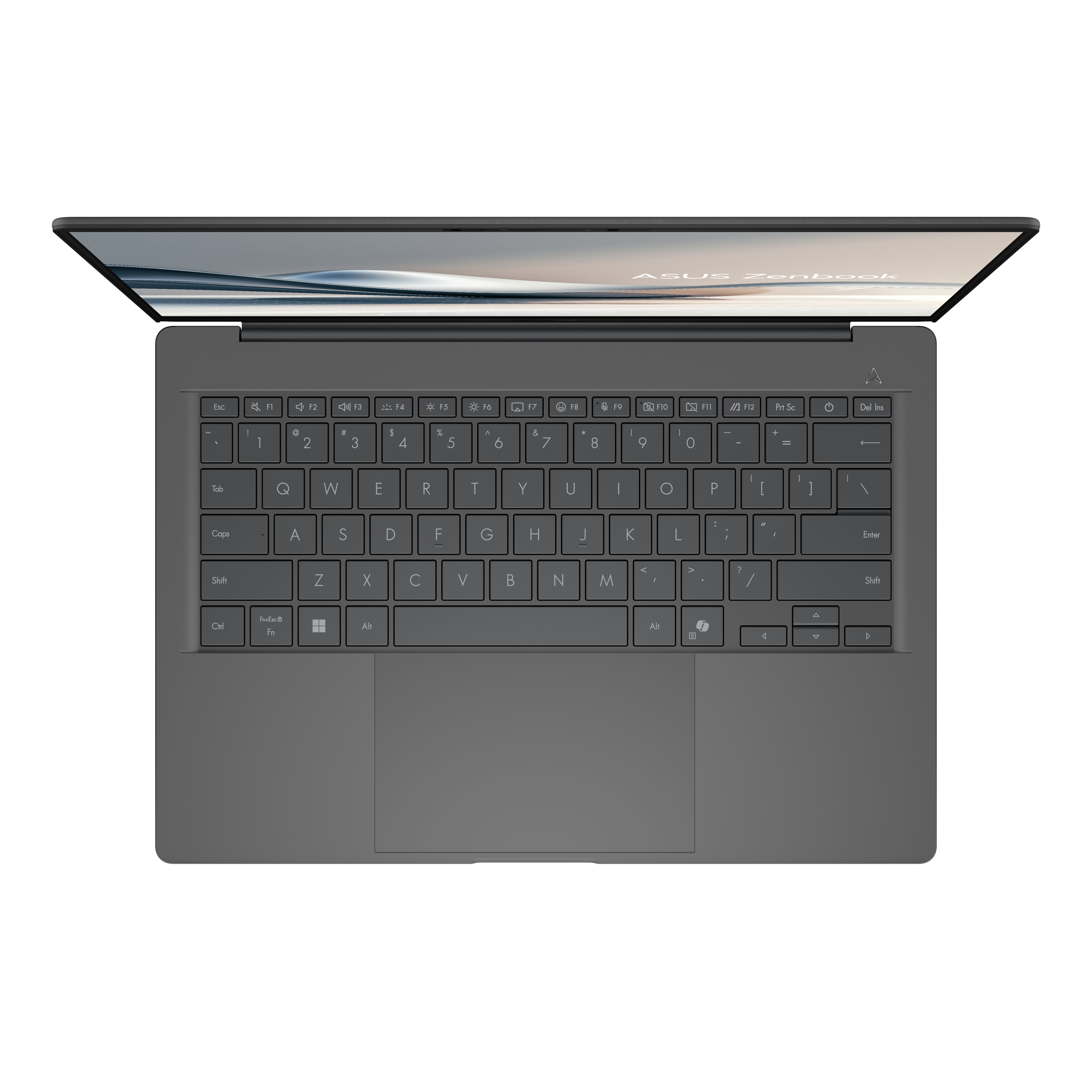 Grey laptop, open, keyboard visible, ASUS logo on screen, top view, isolated on white background.