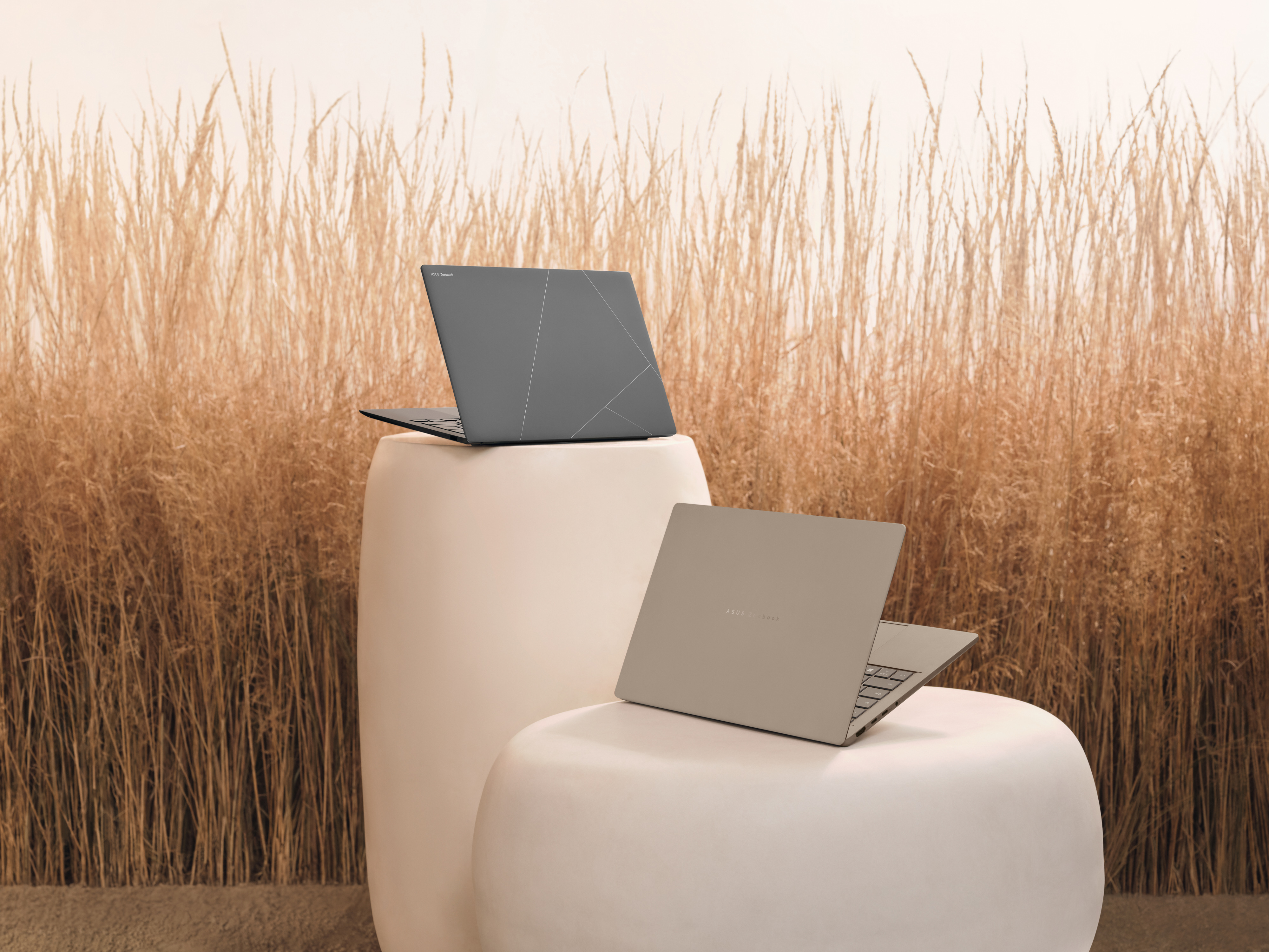 Dwa laptopy na białych postumentach. Jeden otwarty, drugi zamknięty. Wysoka trawa w tle, beżowa kolorystyka.