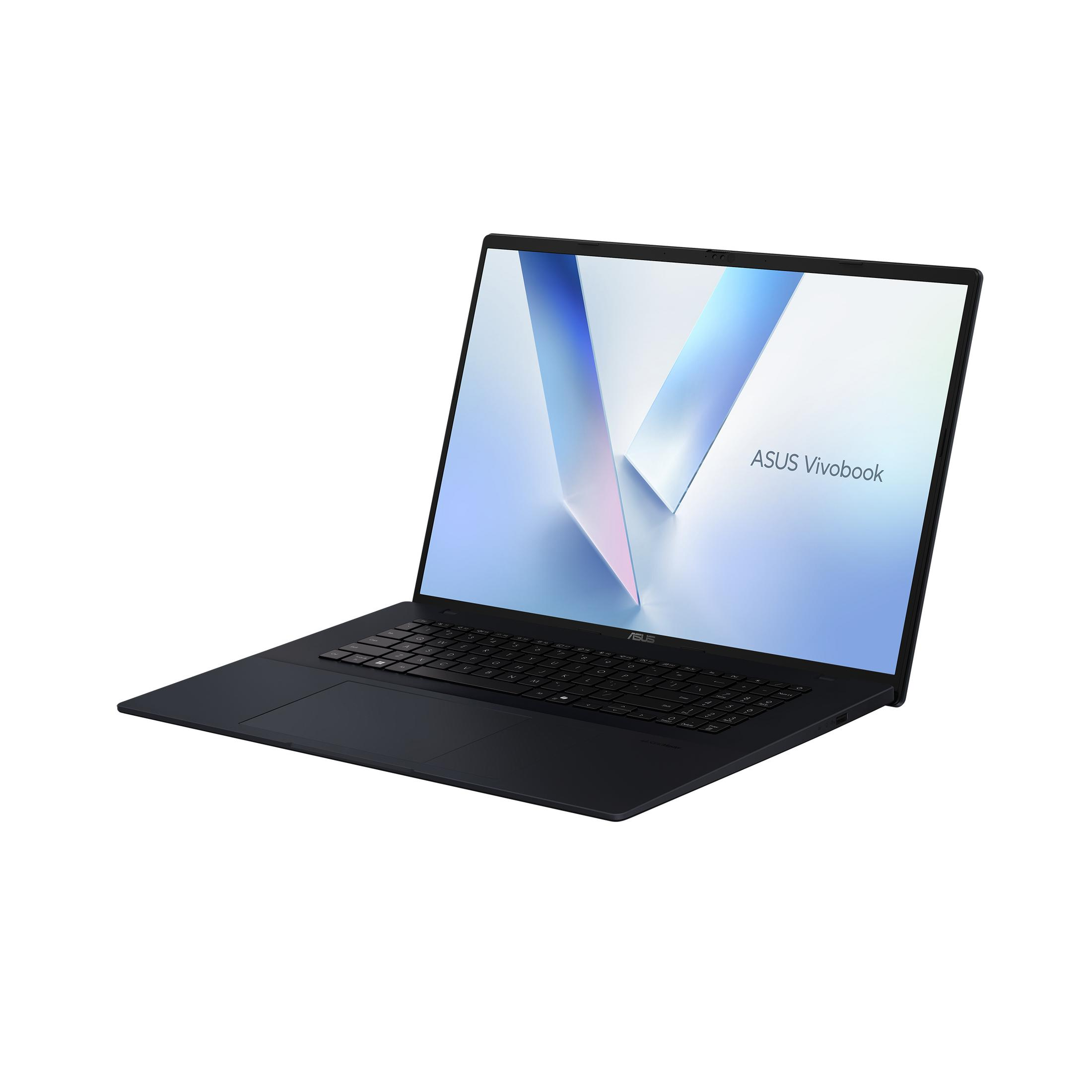 Dunkelblauer Asus Vivobook Laptop geöffnet, abgewinkelt, Bildschirm zeigt das Logo. Weißer Hintergrund.