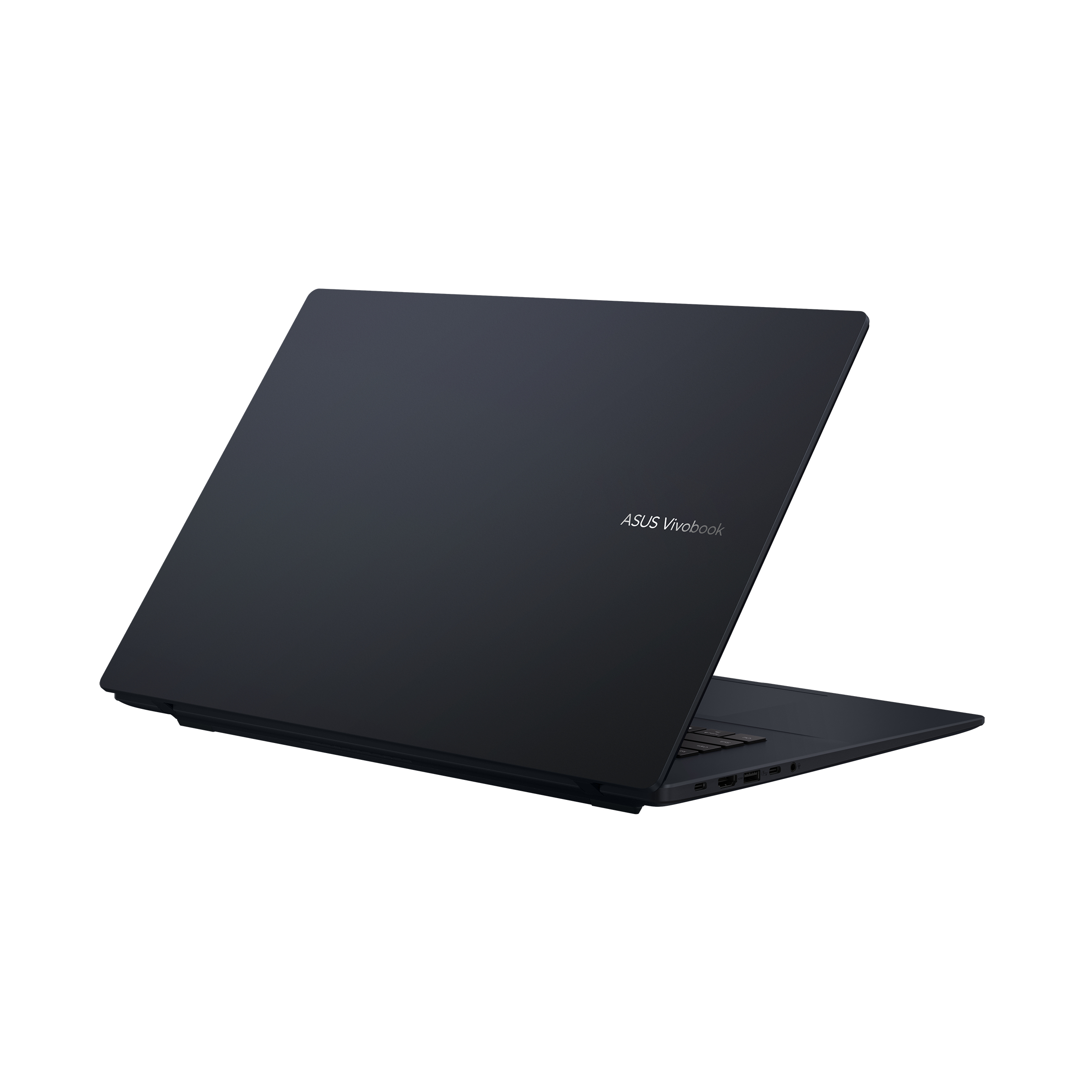 Dunkelblauer Asus Vivobook Laptop geschlossen, Rückansicht. Asus Vivobook Logo auf der Rückseite. Weißer Hintergrund.