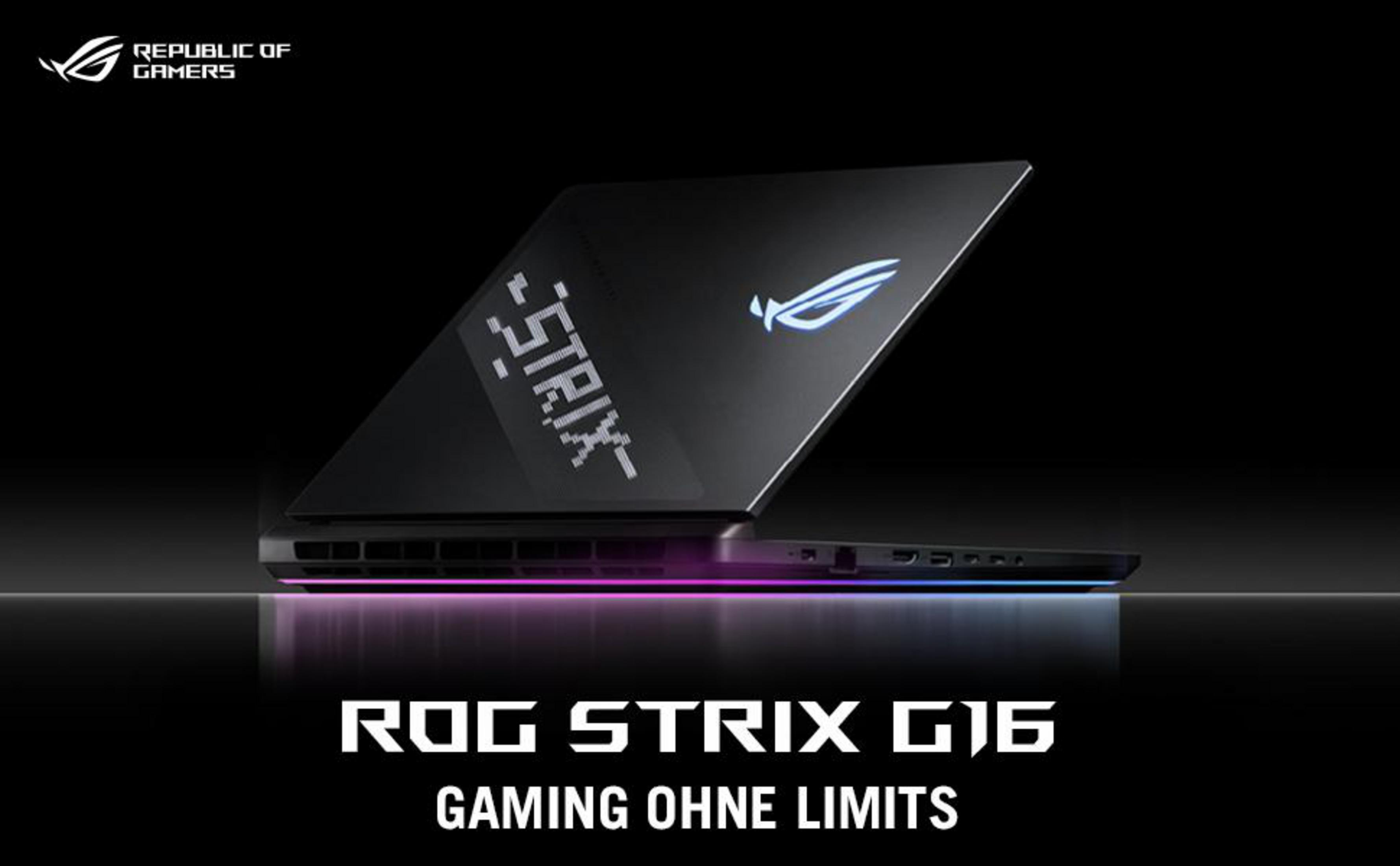 Schwarzer Laptopdeckel, ROG Strix Text. Hintergrundbeleuchtetes Logo und Text. Schwarzer Hintergrund.