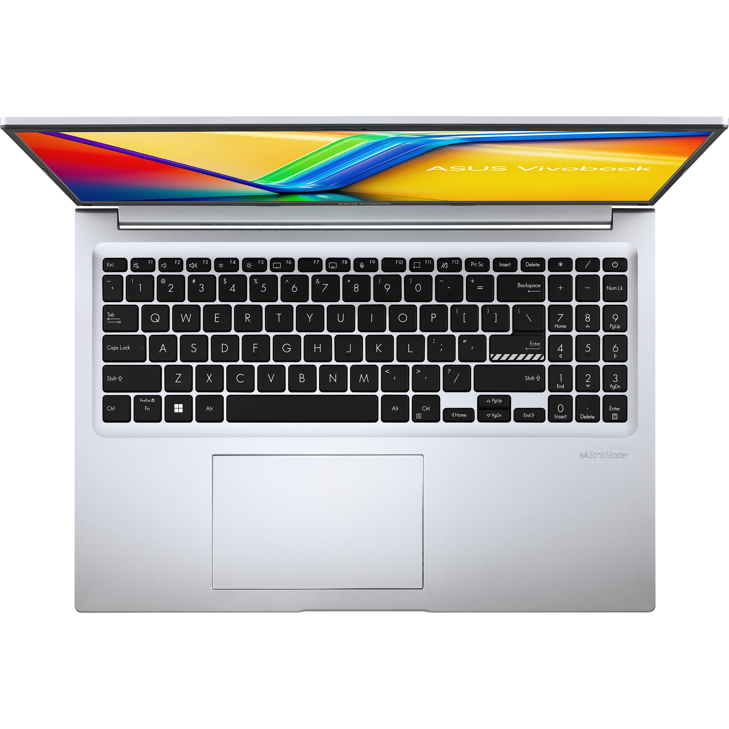 Klawiatura i gładzik laptopa. Ekran pokazuje kolorowy, abstrakcyjny obraz. Widoczny ASUS Vivobook.