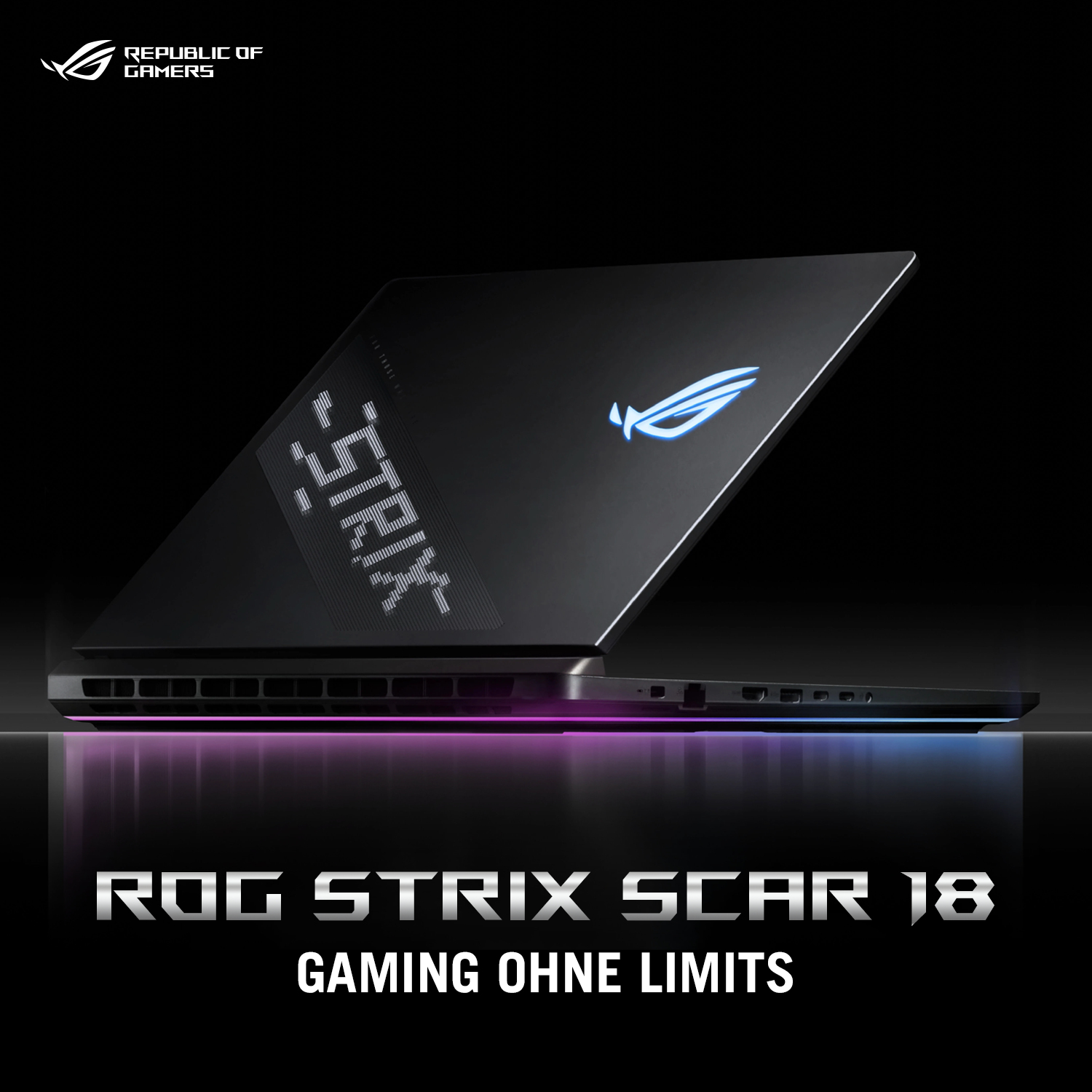 Asus ROG Strix Scar 18 Gaming-Laptop. Schwarz. Deckel zeigt Logo, Text. Schwarzer Hintergrund, Neonlichter.