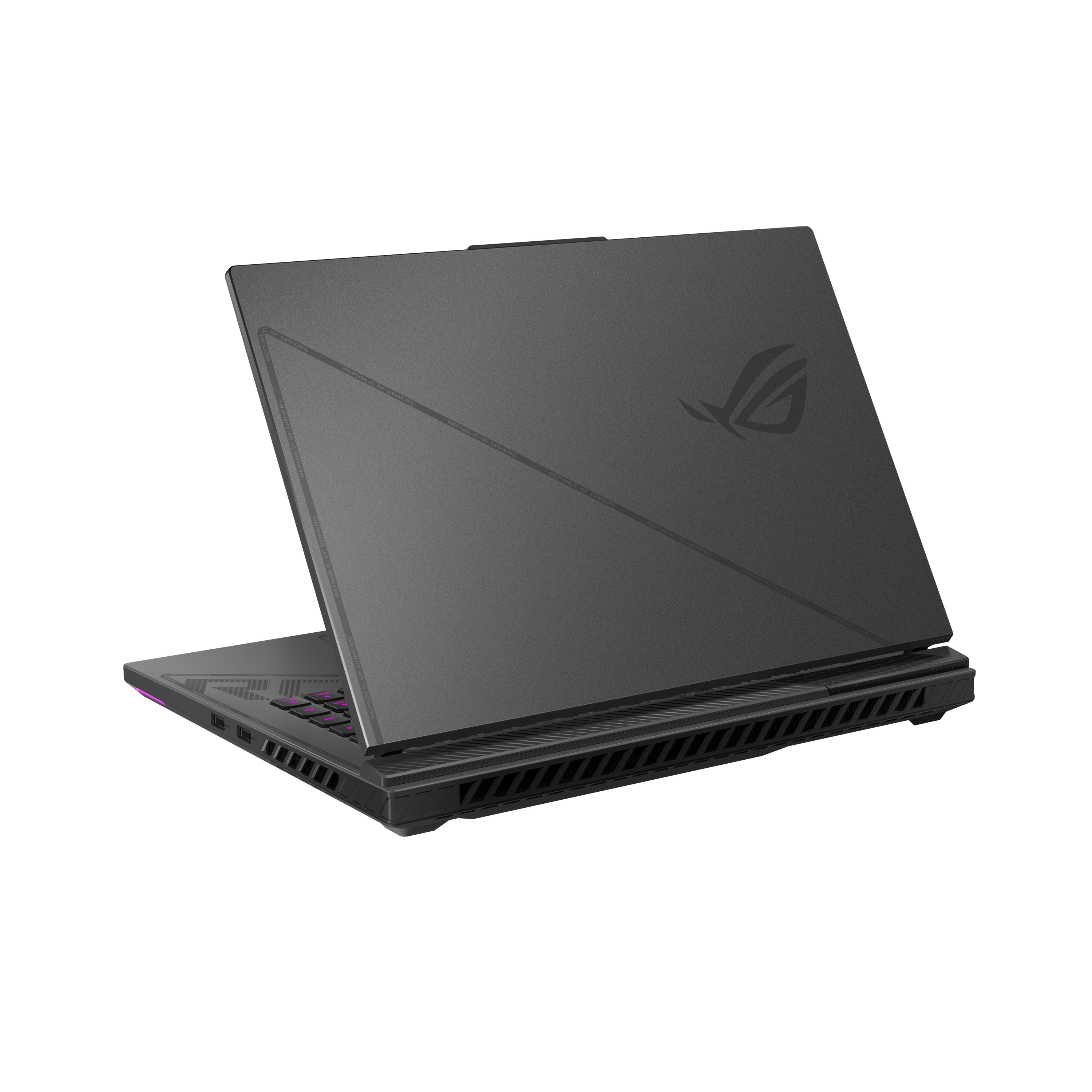 Schwarzer Laptop, geschlossen, angewinkelte Ansicht. ROG-Logo, dunkler Hintergrund.