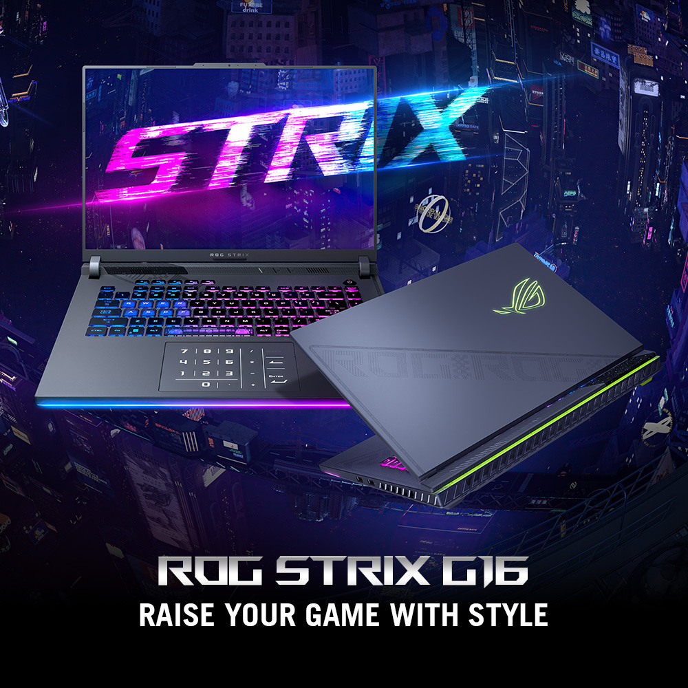 Laptop-Display, mit STRIX-Logo, geöffnet, Seitenansicht. Ein weiterer Laptop und Gebäude im Hintergrund.