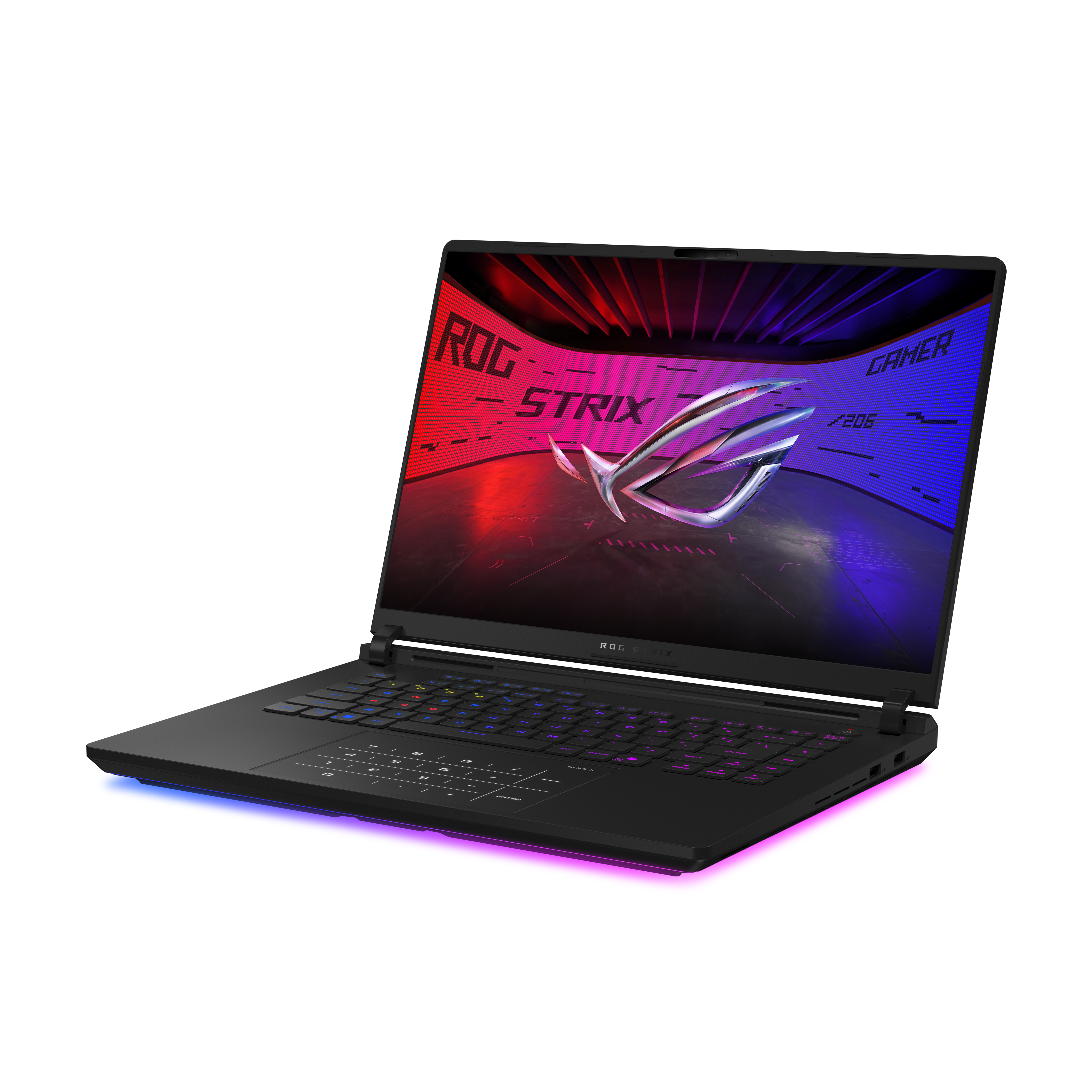 Black laptop open, ROG Strix logo on screen, with a colorful lit keyboard.