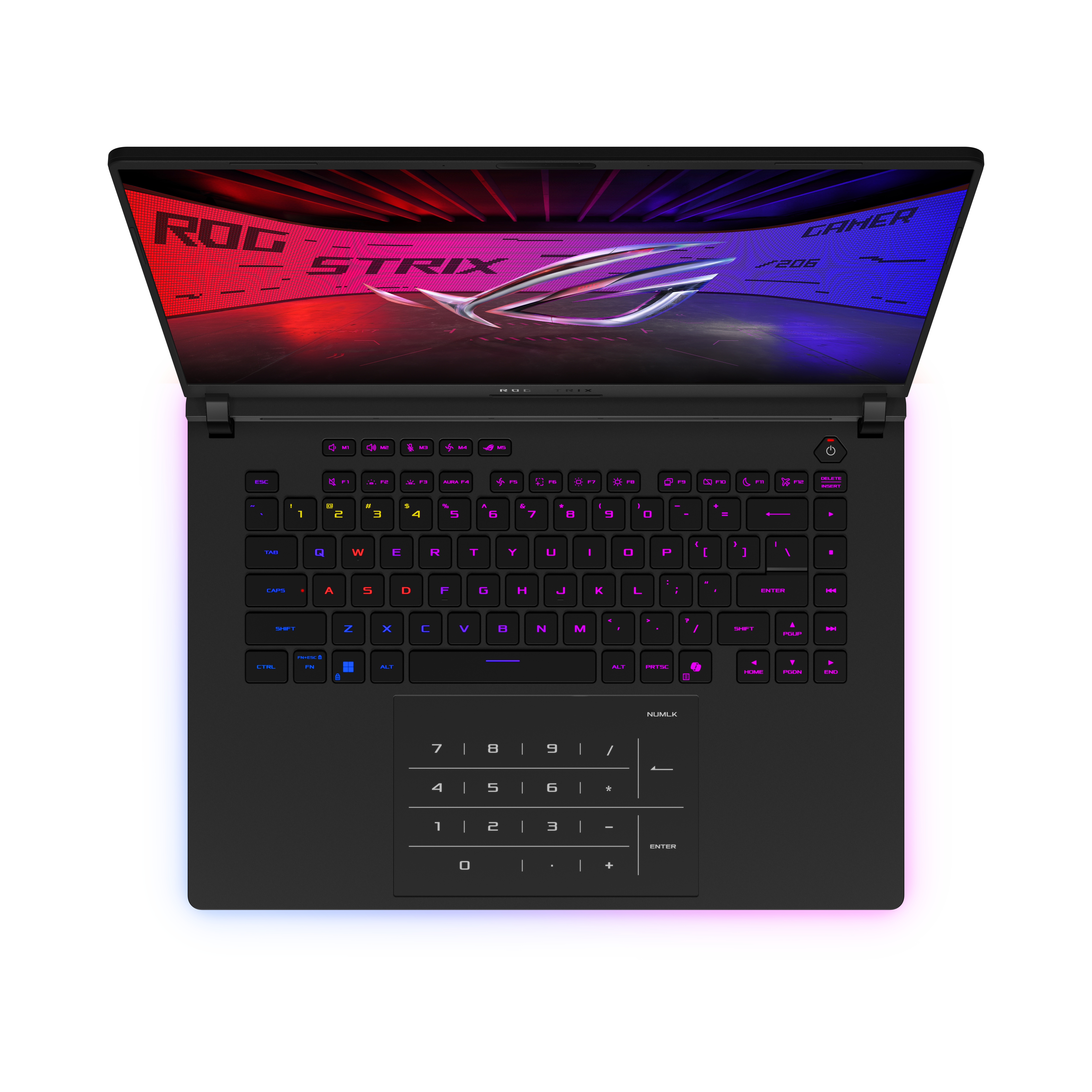 Laptop offen, Draufsicht, zeigt beleuchtete Tastatur und ROG Strix Logo auf dem Bildschirm.