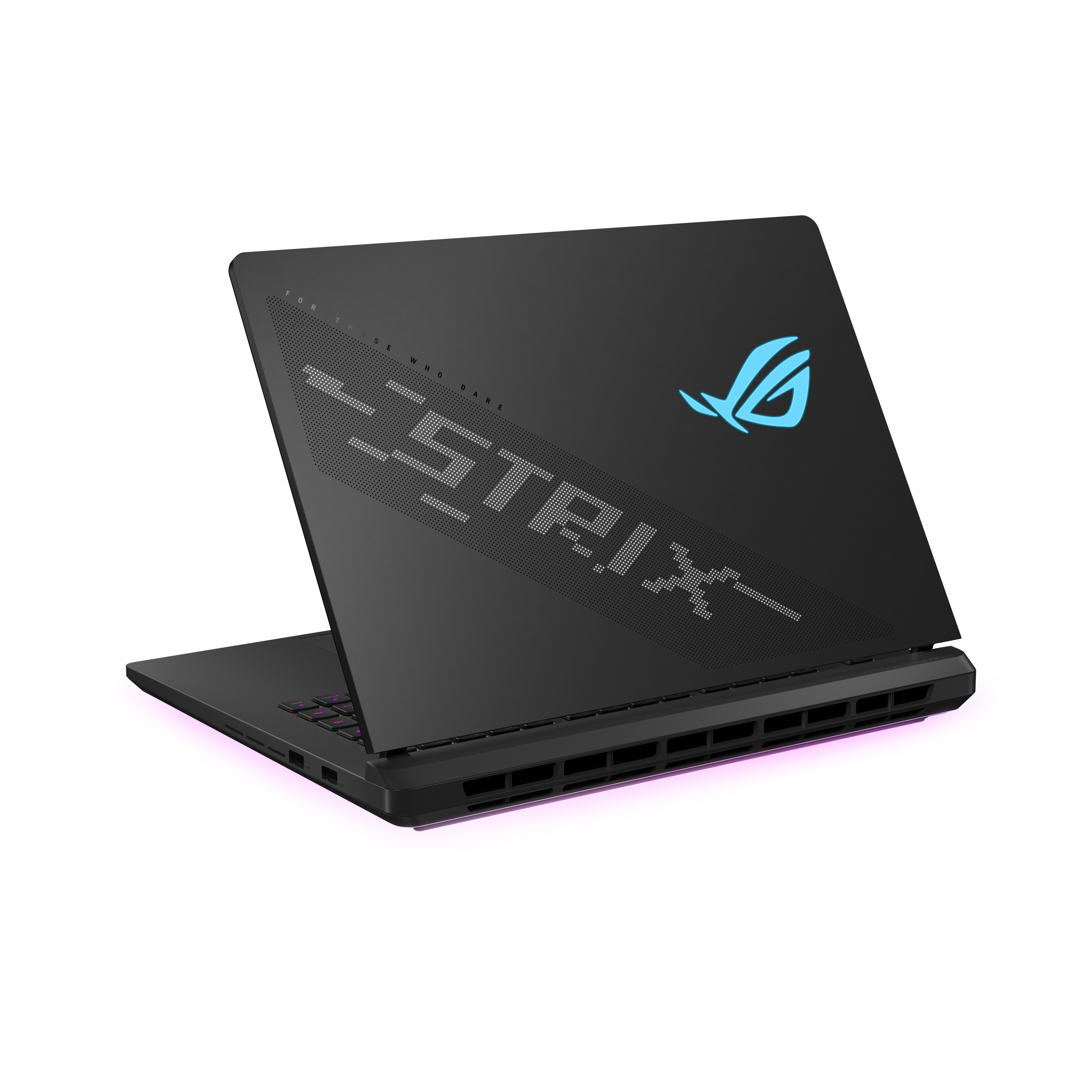 Schwarzer Laptop, zeigt ROG Strix Logo und 'Strix' Schriftzug auf der Rückseite.