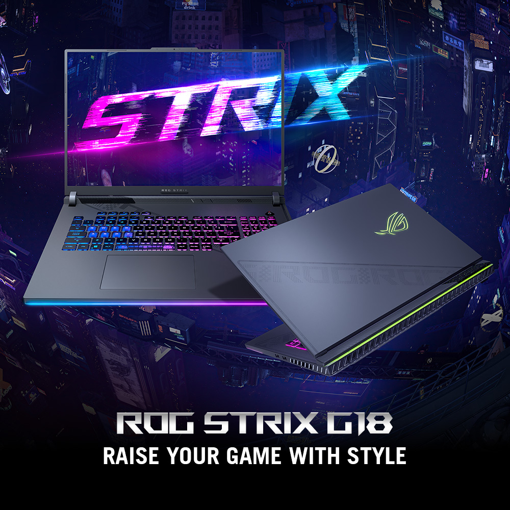 ROG Strix G18 Laptop mit offenem Bildschirm mit Stadt-Hintergrund.