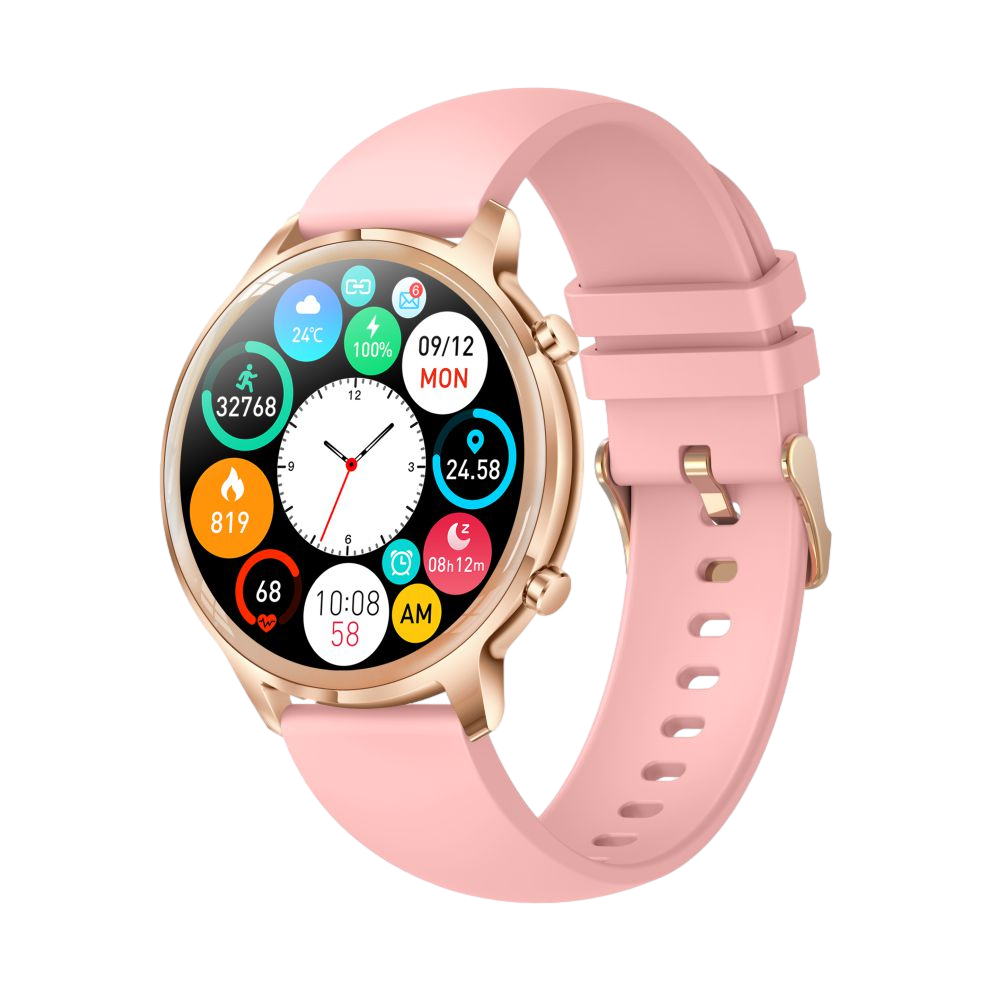 Różowy smartwatch z okrągłym wyświetlaczem, różowym paskiem i złotą obudową.