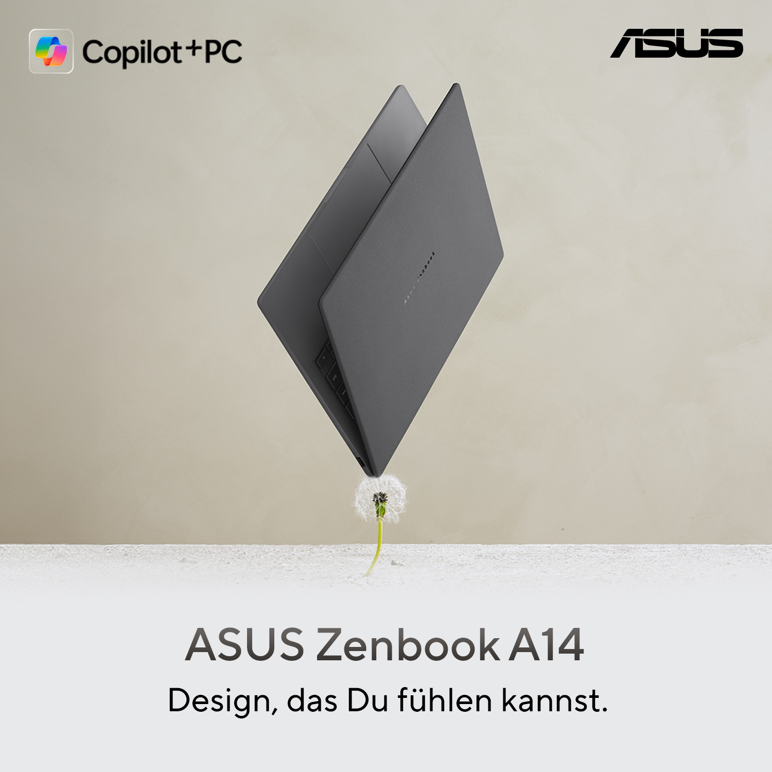 Asus Zenbook A14 Laptop schwebt über einem Löwenzahnsamen. Der Hintergrund ist neutral.