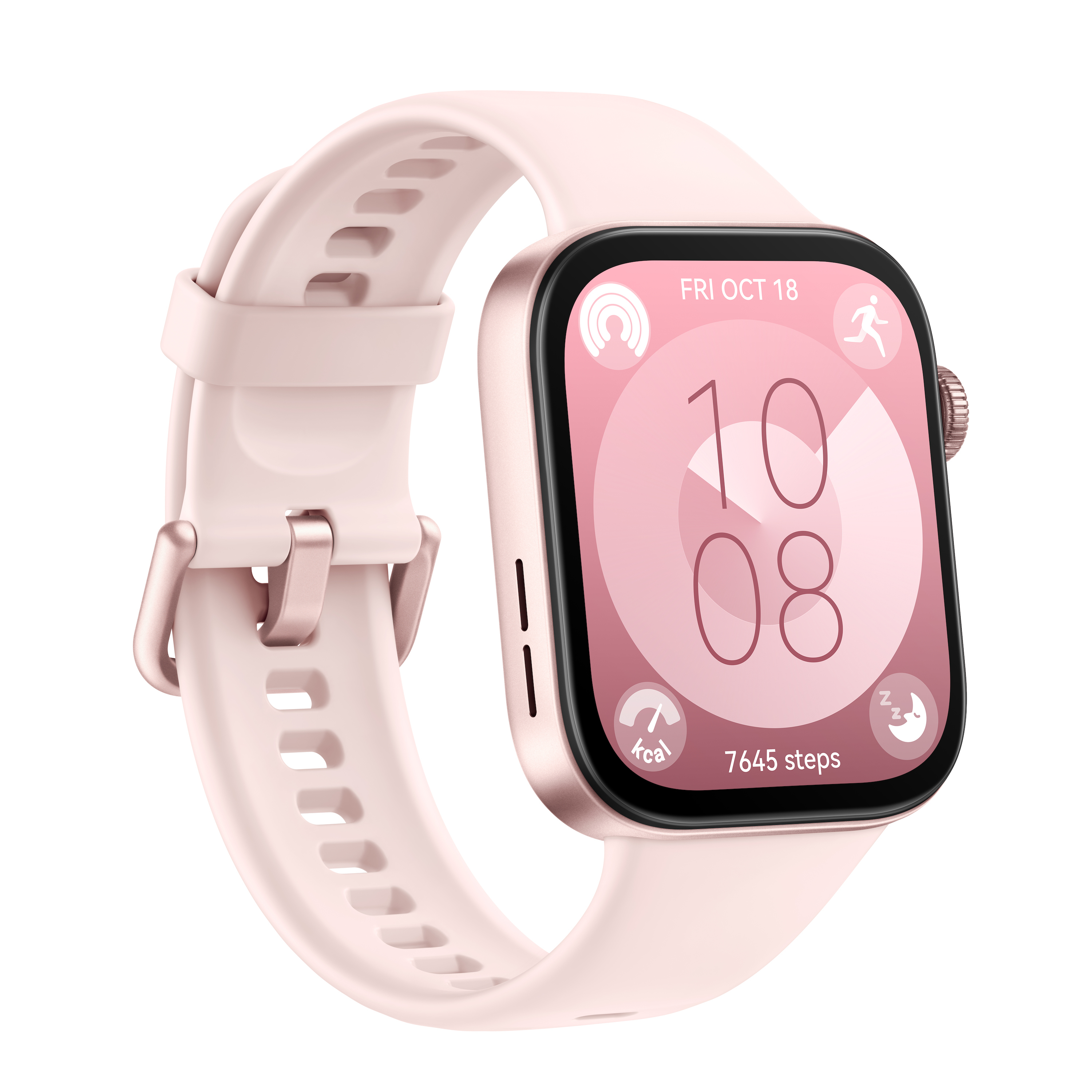 Uno smartwatch rosa con cinturino rosa. L'orologio mostra la data e i passi sullo schermo.