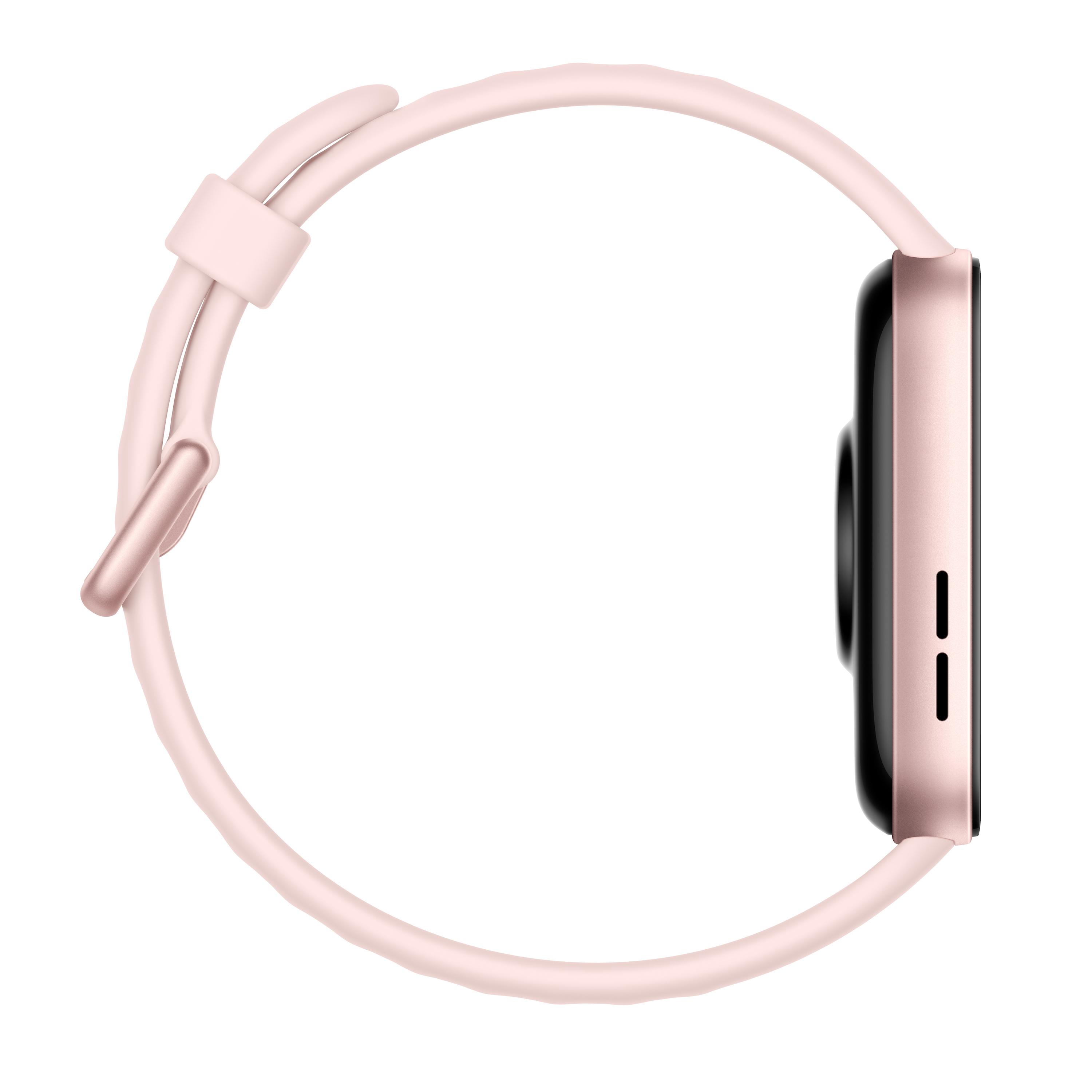 Una vista laterale di uno smartwatch rosa con cinturino rosa abbinato. L'orologio è su sfondo bianco.
