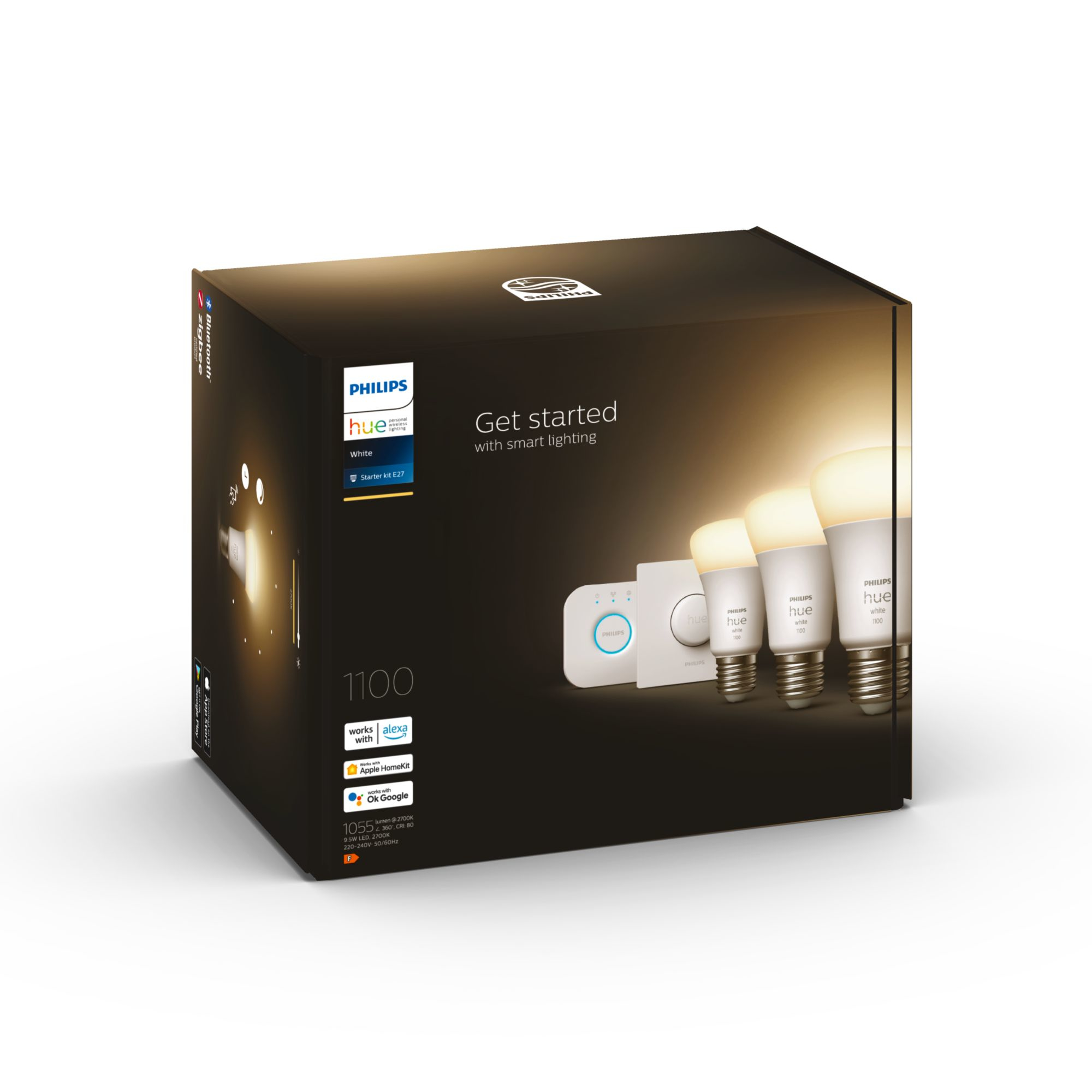 Pudełko Philips Hue z pokazanym na nim produktem. Na pudełku znajdują się światła i hub.