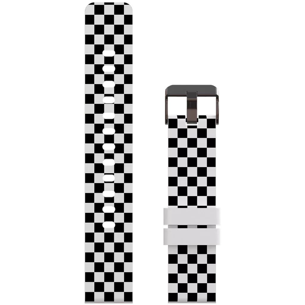 Czarno-białe paski do zegarków w szachownicę. Białe tło.