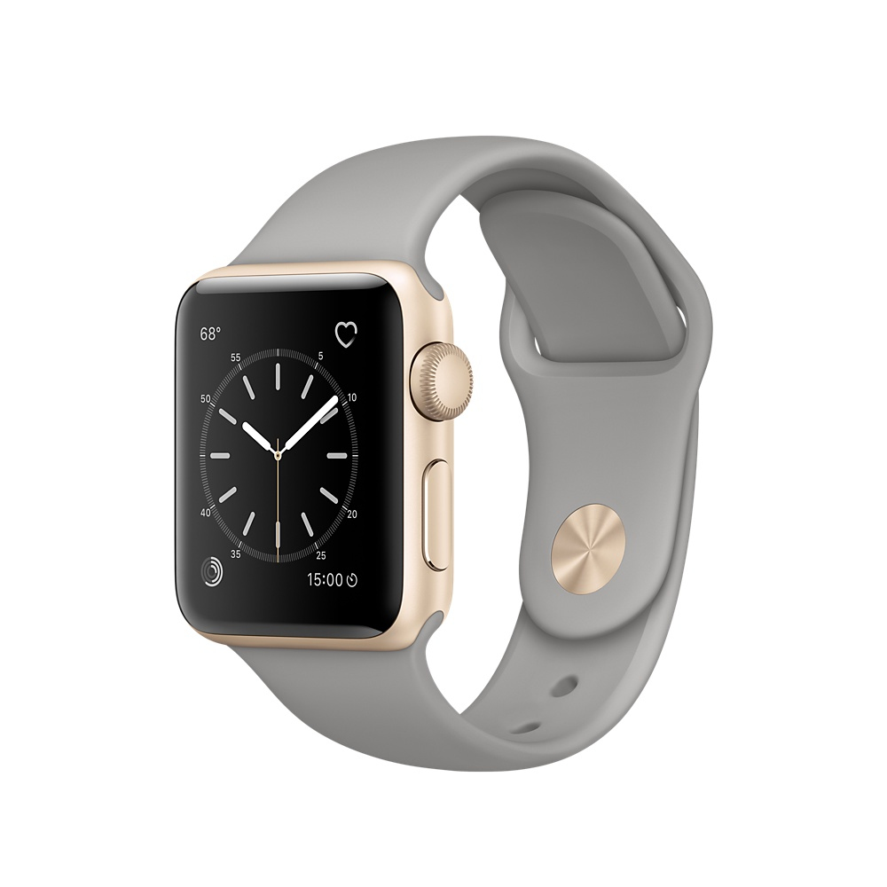 Goldene Smartwatch mit grauem Armband, schwarzer Bildschirm zeigt die Zeit. Isoliert auf Weiß.