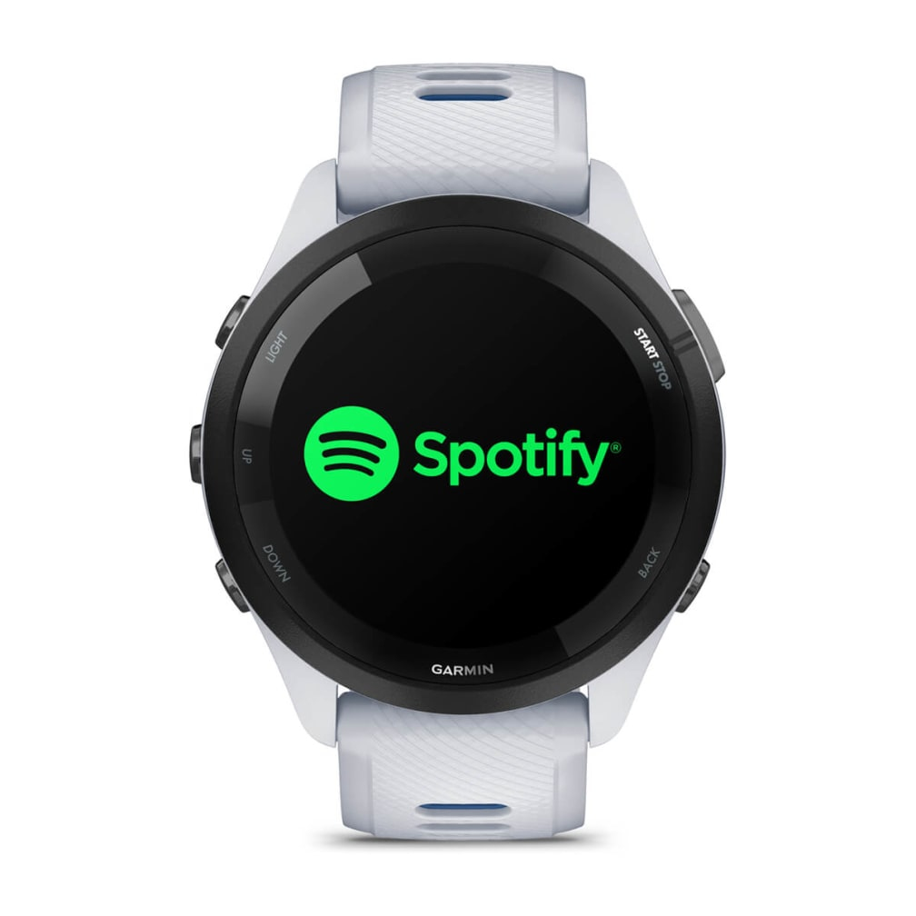 Biały zegarek Garmin z logo Spotify na ekranie, z białym i niebieskim paskiem na białym tle.