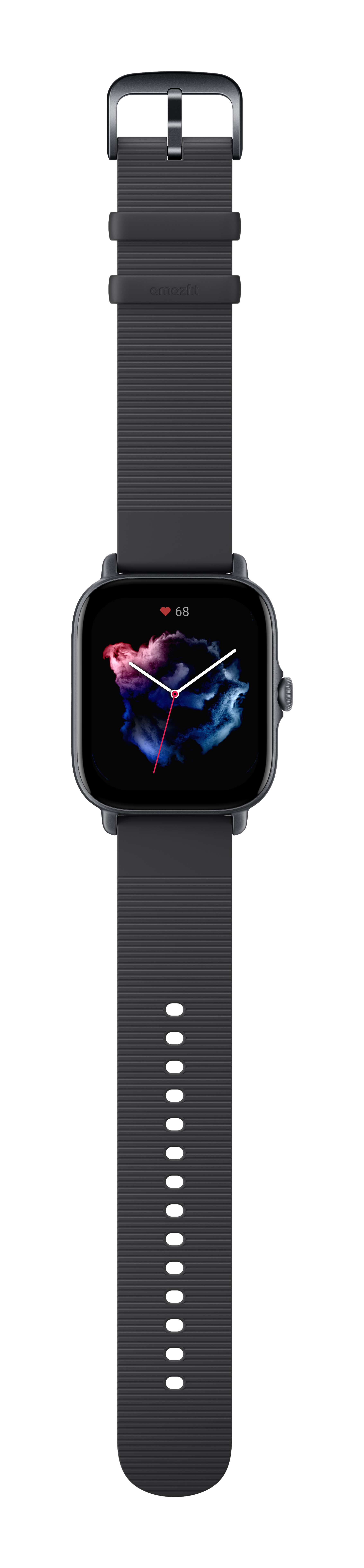 Smartwatch nera con cinturino grigio, mostra un display colorato. Sfondo bianco.