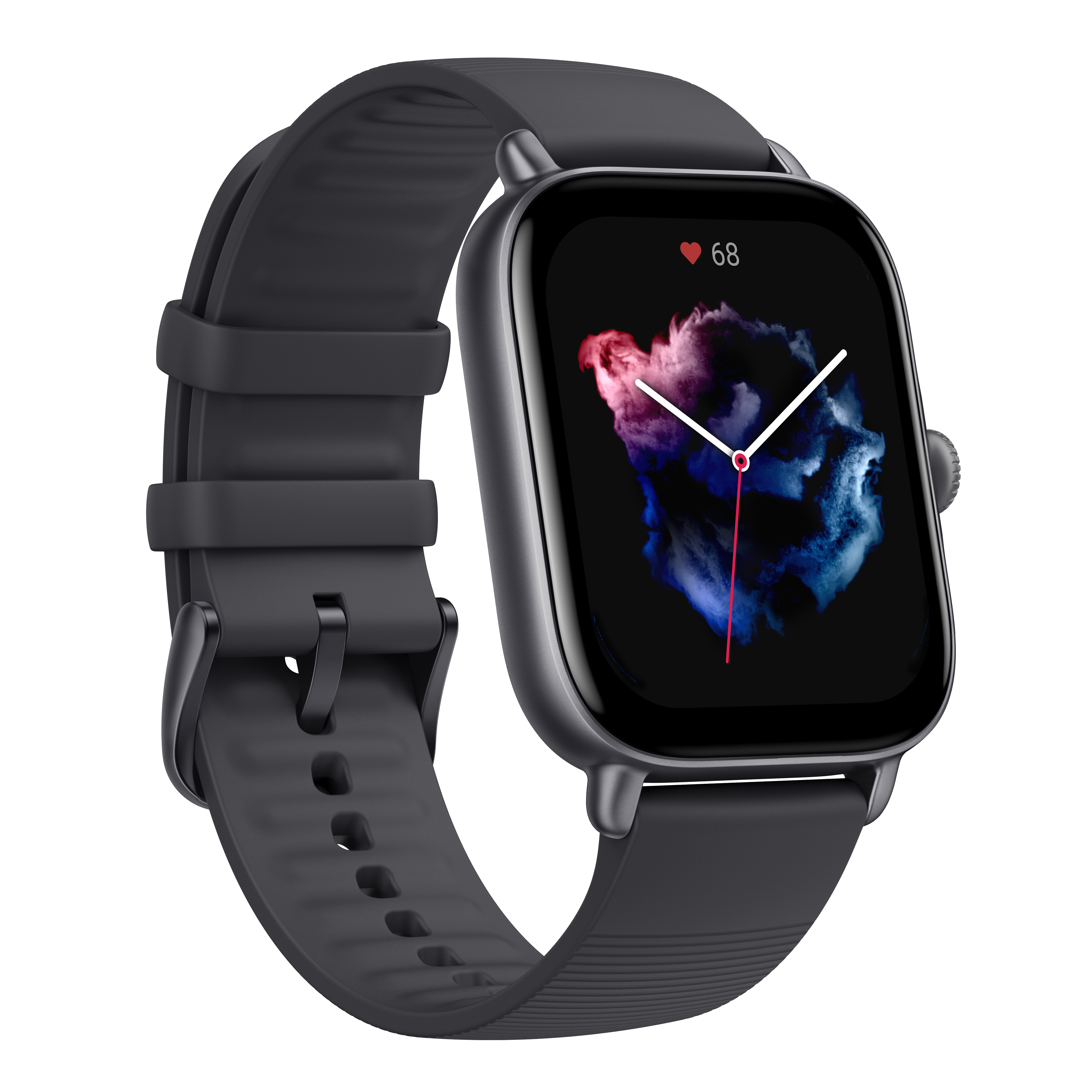 Smartwatch nero con quadrante quadrato. Il display mostra un design a nuvola colorato e la frequenza cardiaca.