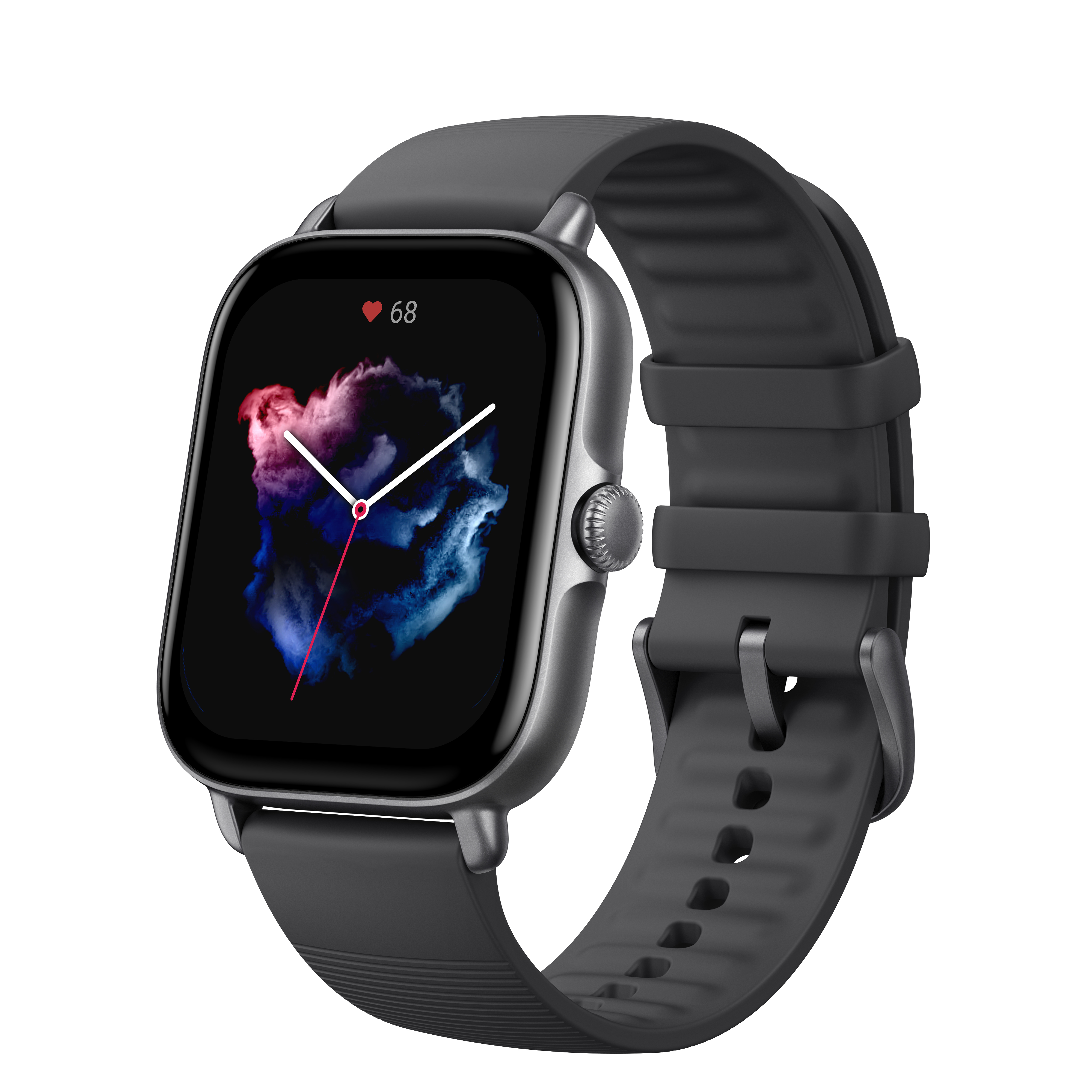 Smartwatch nero con cinturino nero, mostra un'interfaccia colorata. Bianco.