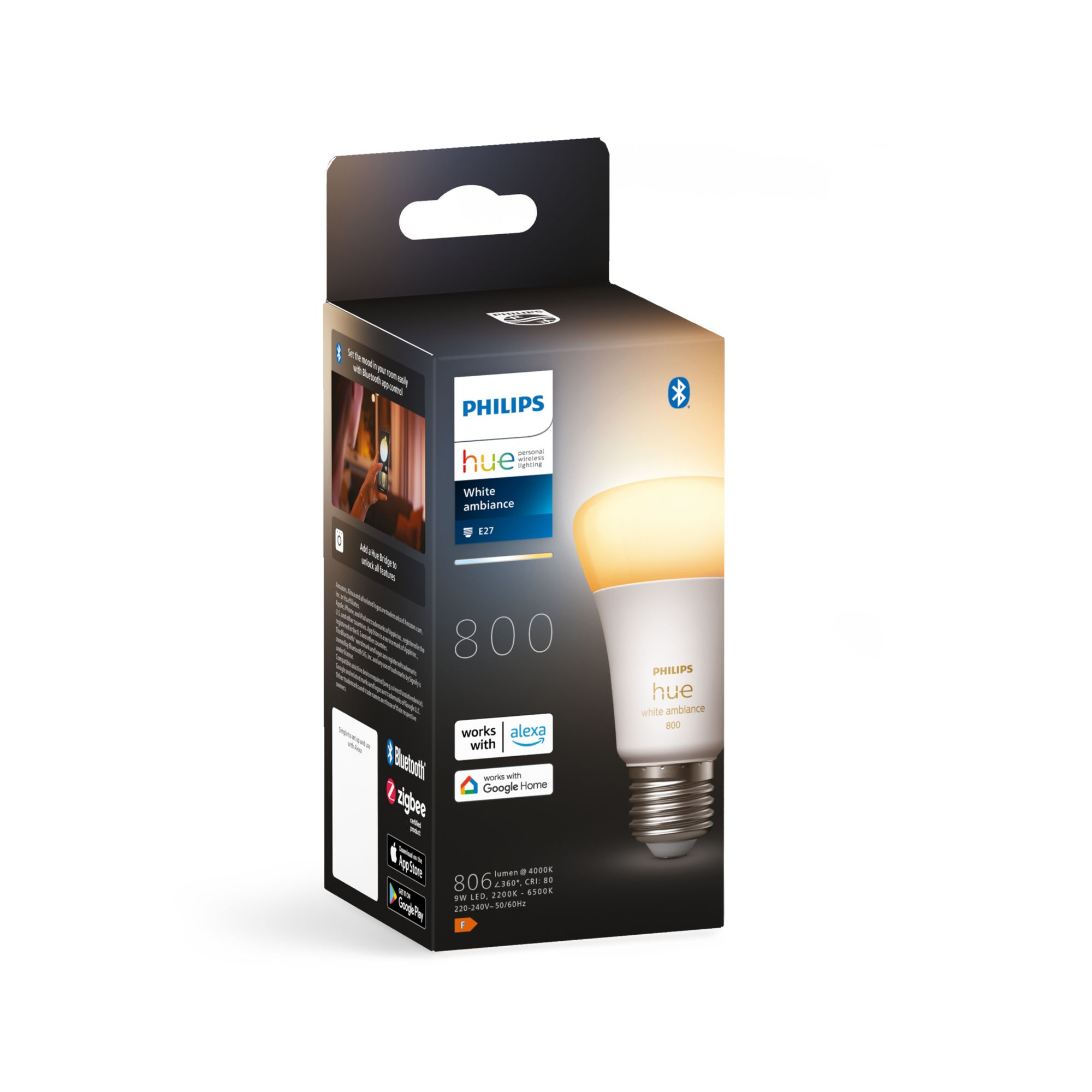 Zapakowana żarówka Philips Hue z ciepłym światłem, lekko pochylona.