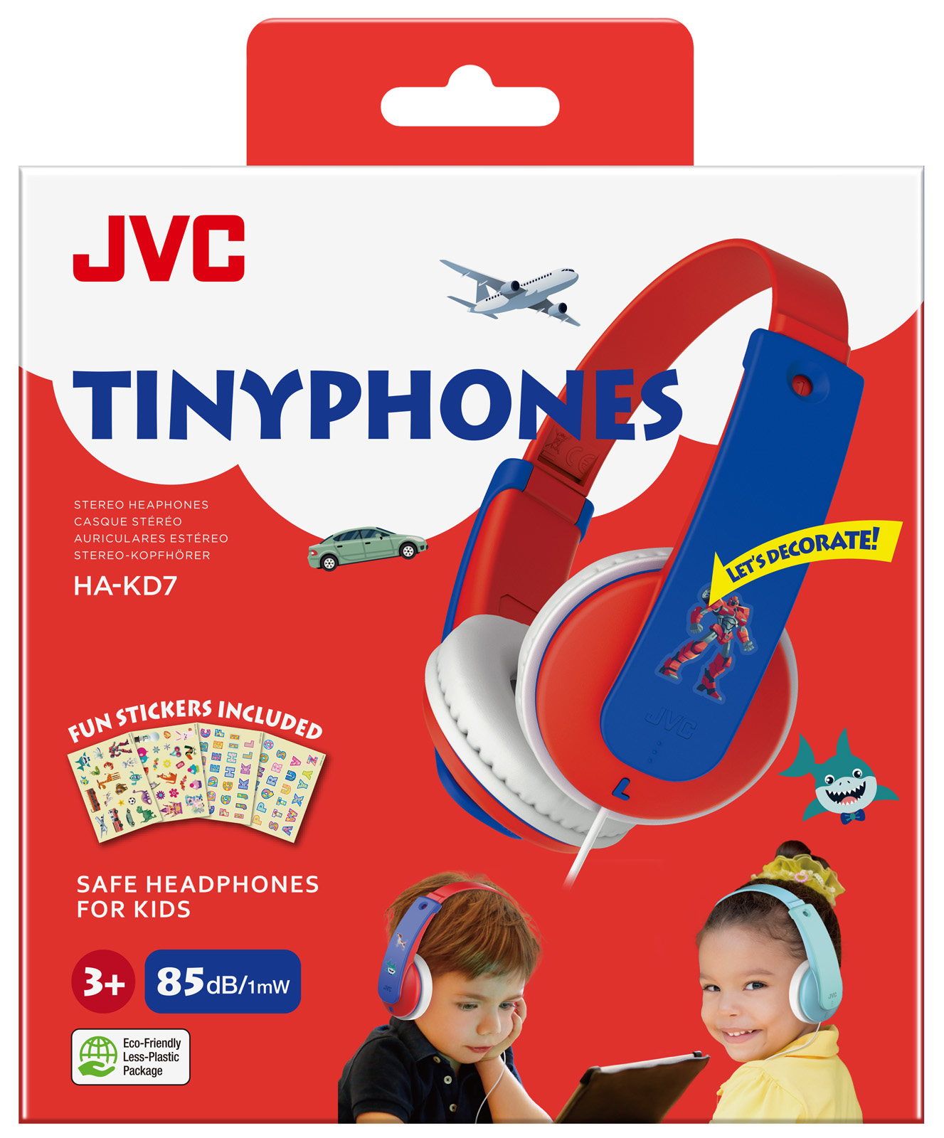 Schachtel mit JVC Tinyphones Kopfhörern, mit Aufklebern und Kinderbildern.