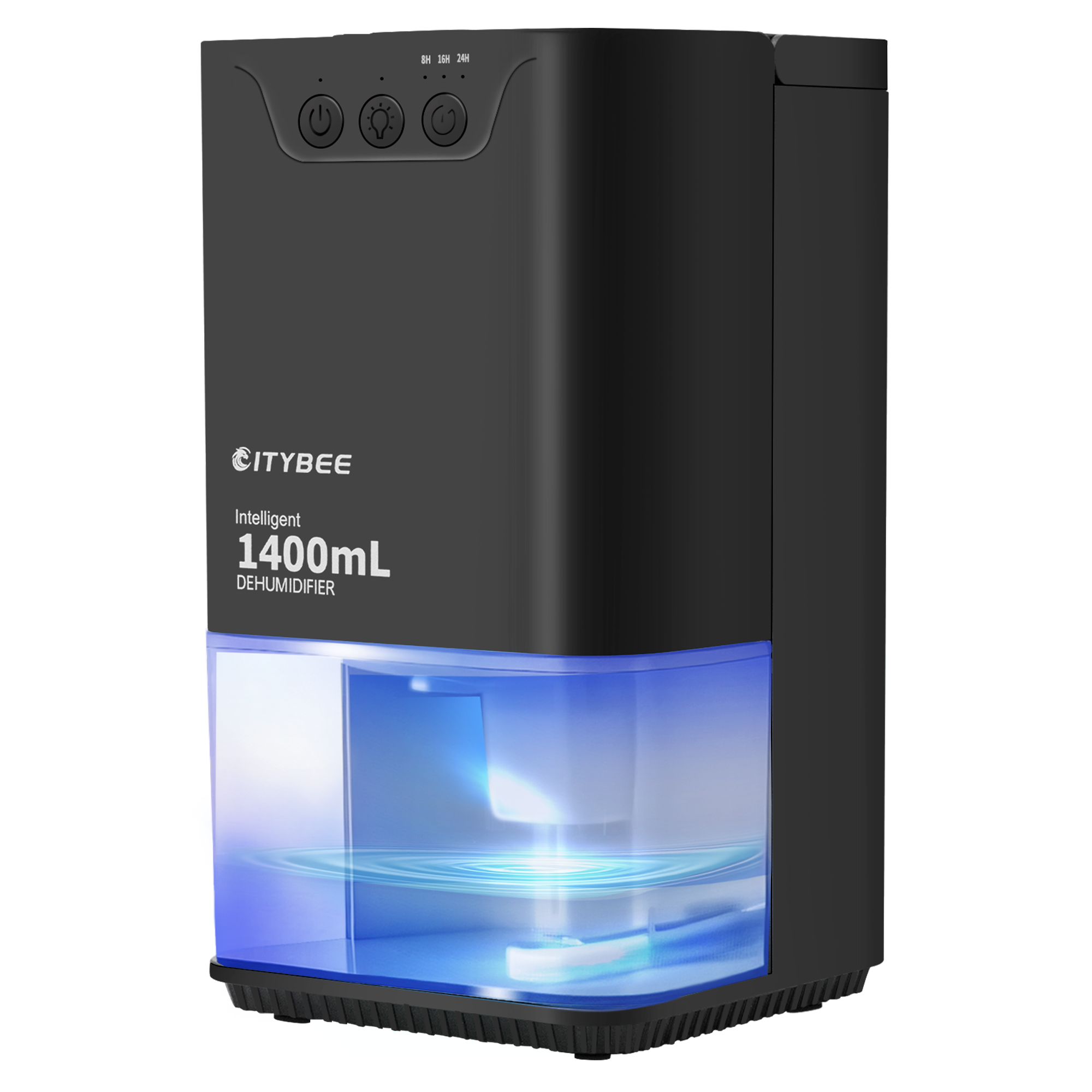 Czarny osuszacz z niebieskim światłem i przyciskami sterowania. Tekst: 1400 ml.