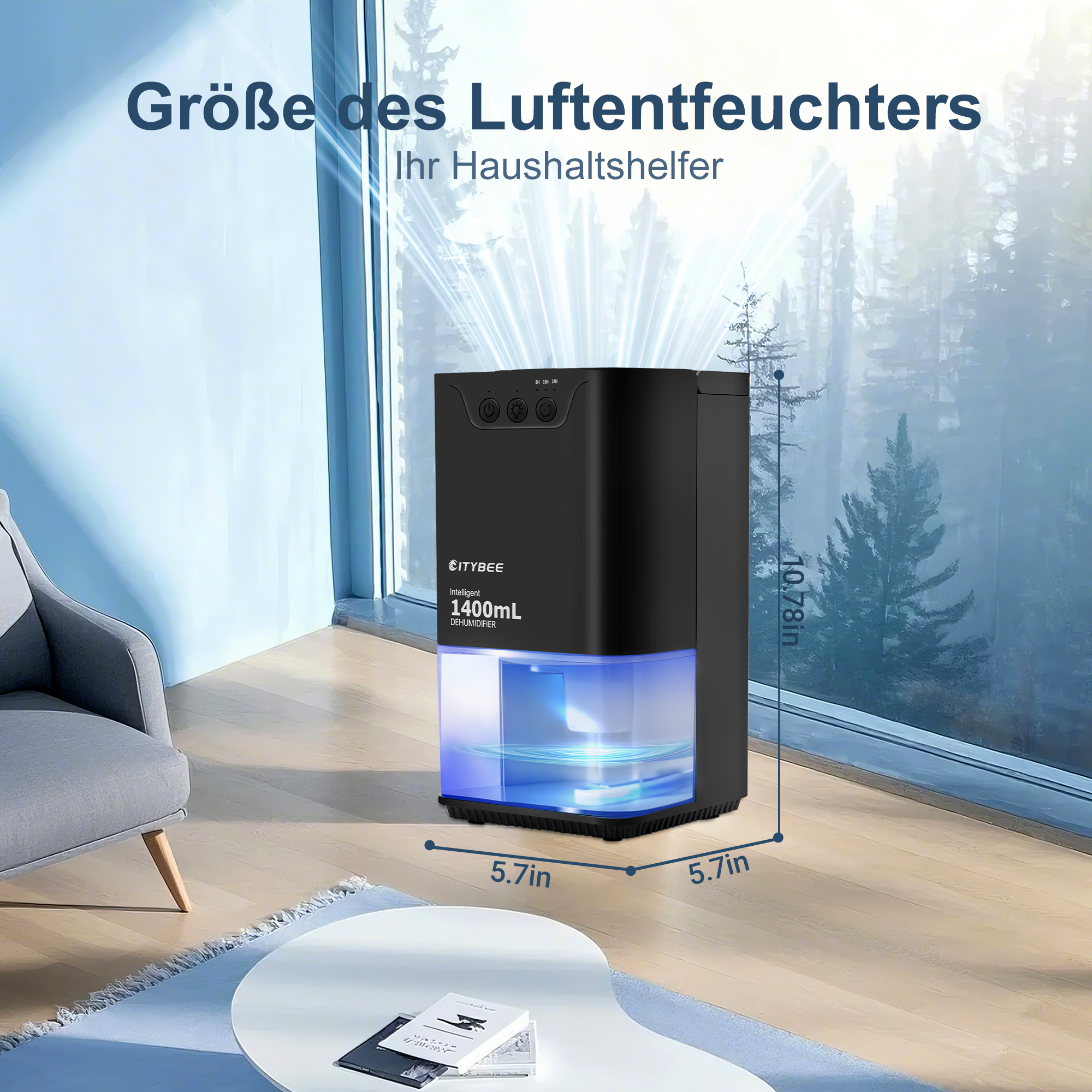 Czarny osuszacz pokazujący rozmiar: 5,7 cala x 5,7 cala x 10,78 cala. Obok okna.