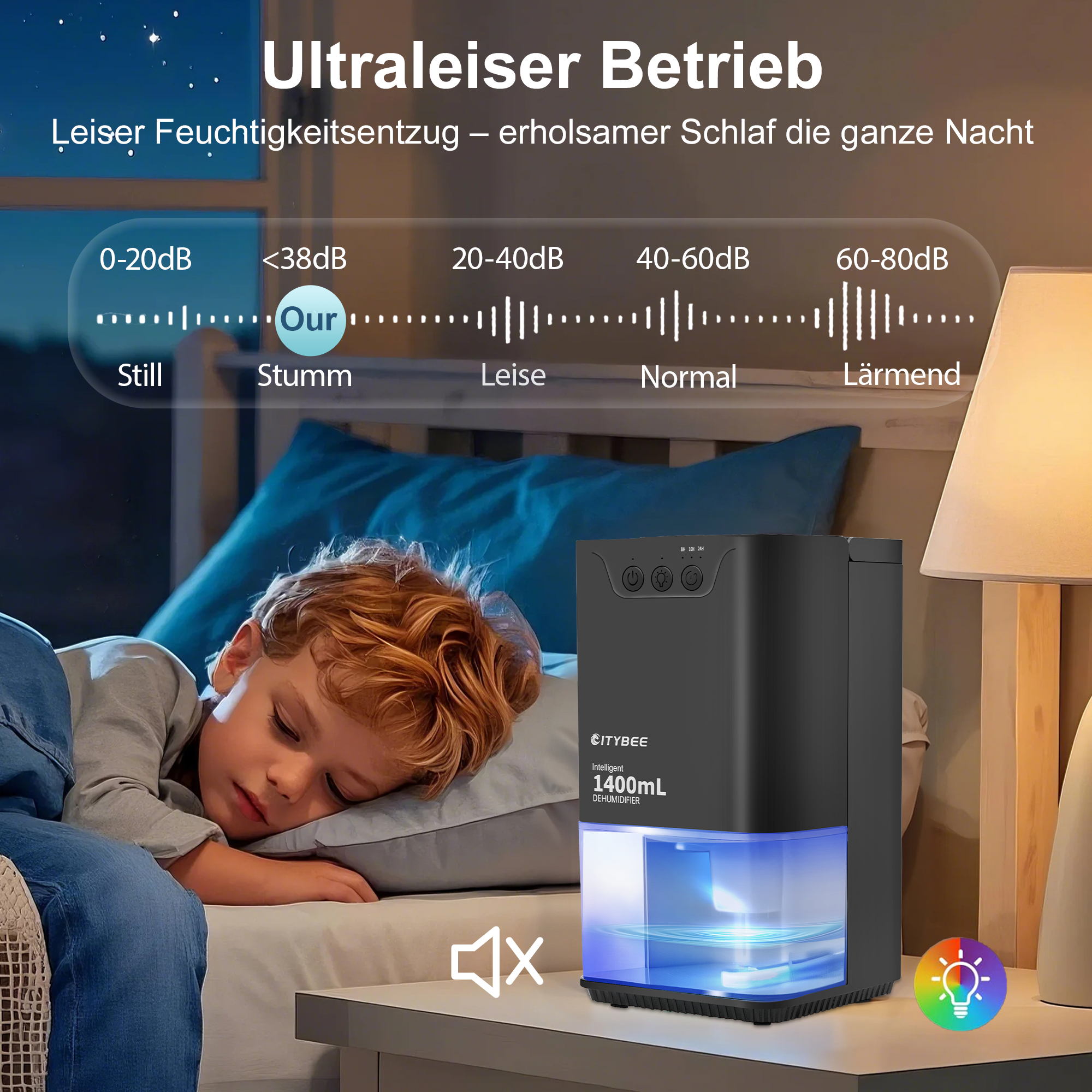 Chłopiec śpi obok osuszacza. Urządzenie stoi na stole, światło włączone.