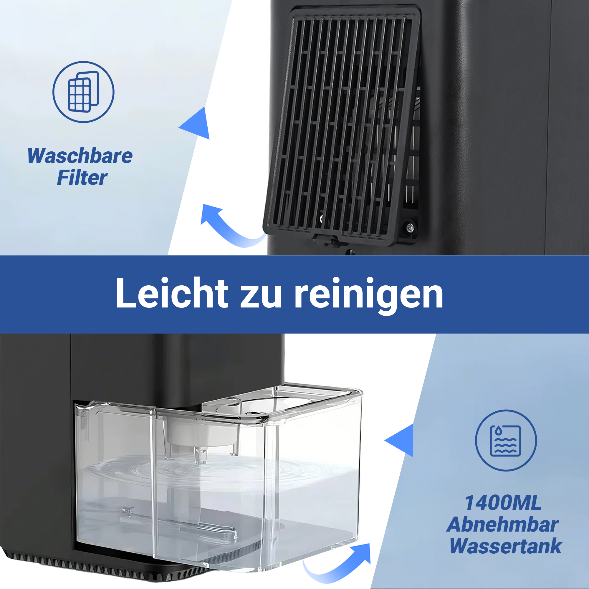 Zbliżenie na czarny osuszacz. Widoczny filtr zmywalny i zbiornik na wodę.