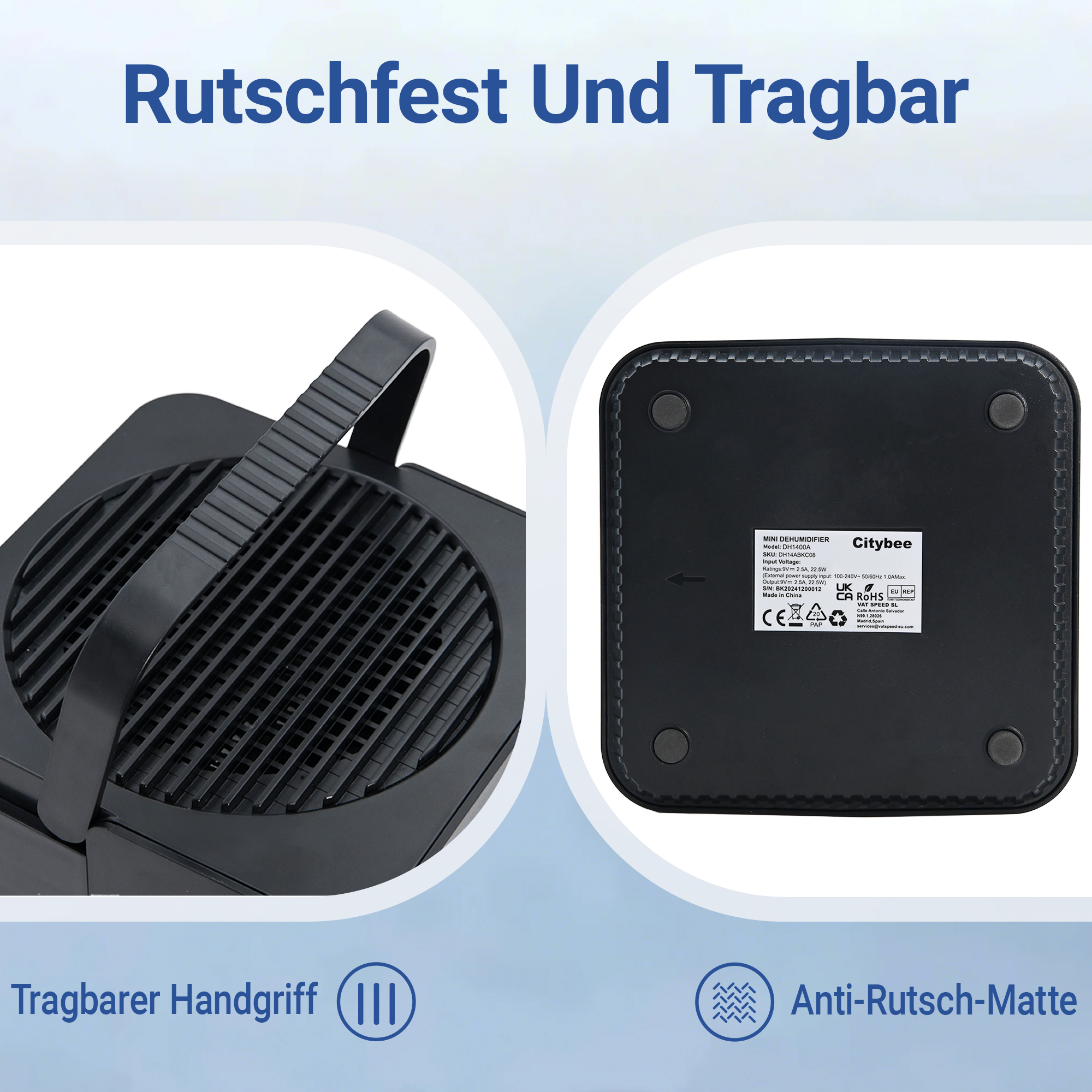 Czarna podstawa i widok z góry oczyszczacza powietrza z uchwytem i etykietami. Tekst na dole.