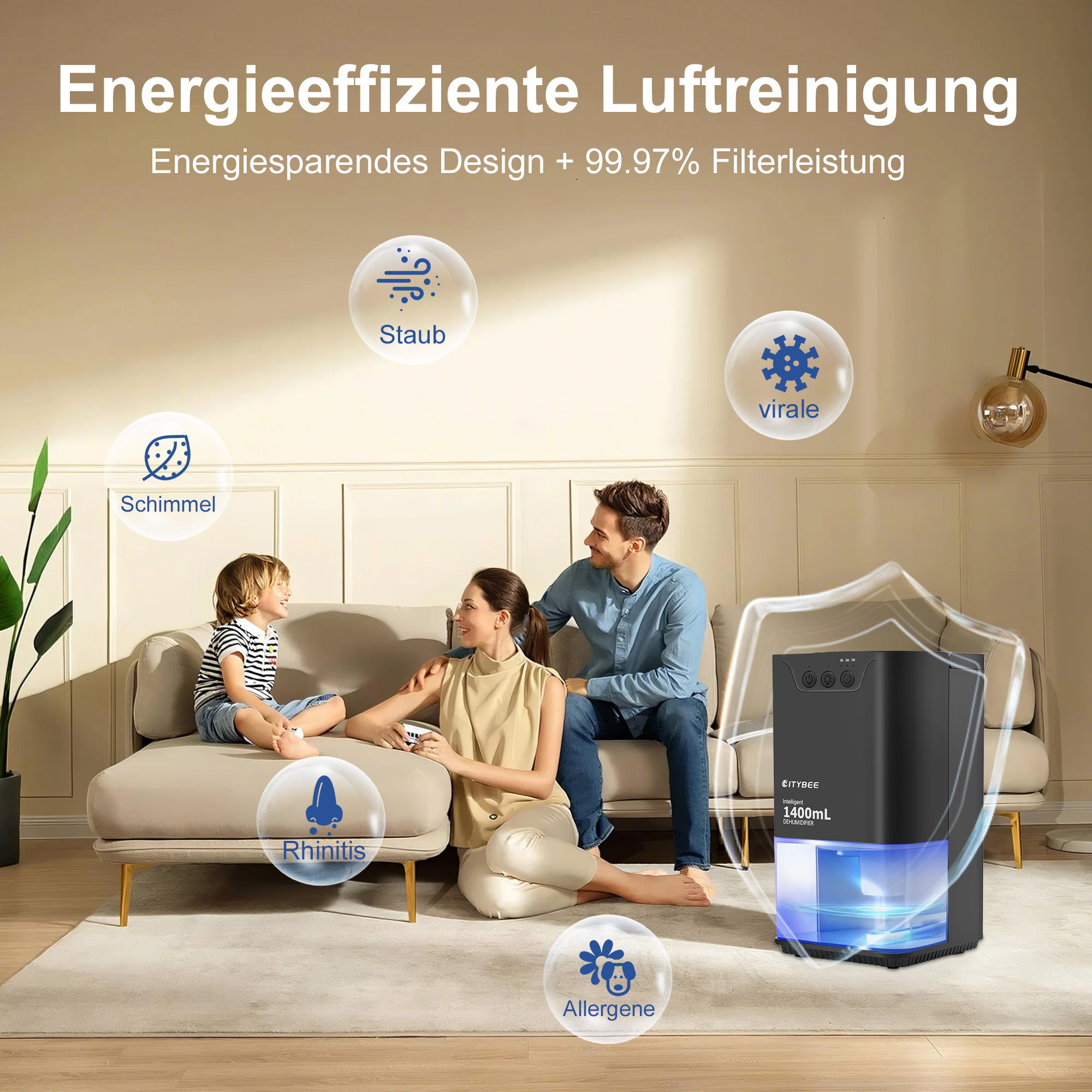 Rodzina w salonie z oczyszczaczem powietrza. Ikony pokazują alergeny, pleśń, kurz i wirusy.