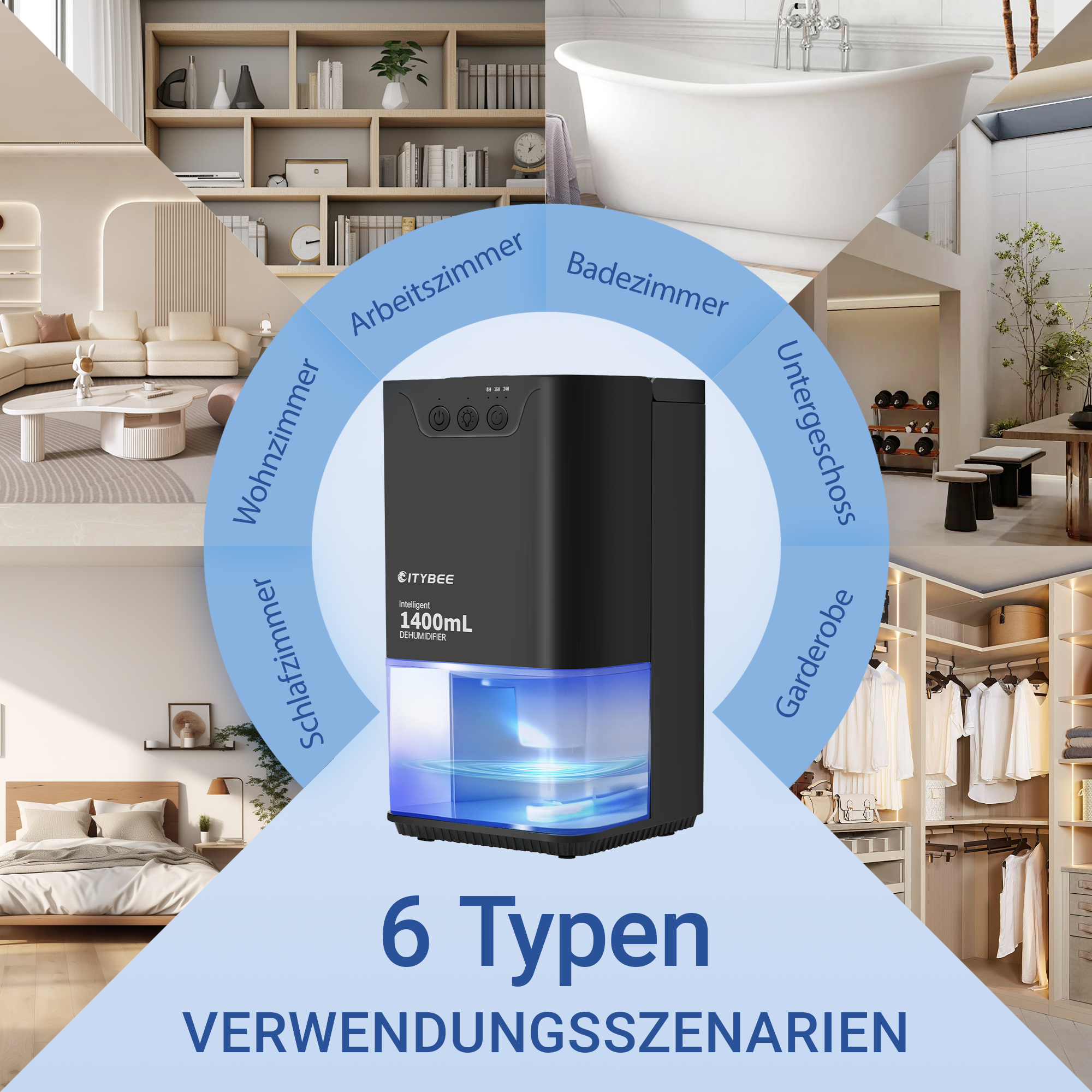 Osuszacz w różnych pomieszczeniach: sypialnia, salon, łazienka, piwnica, garderoba, biuro.