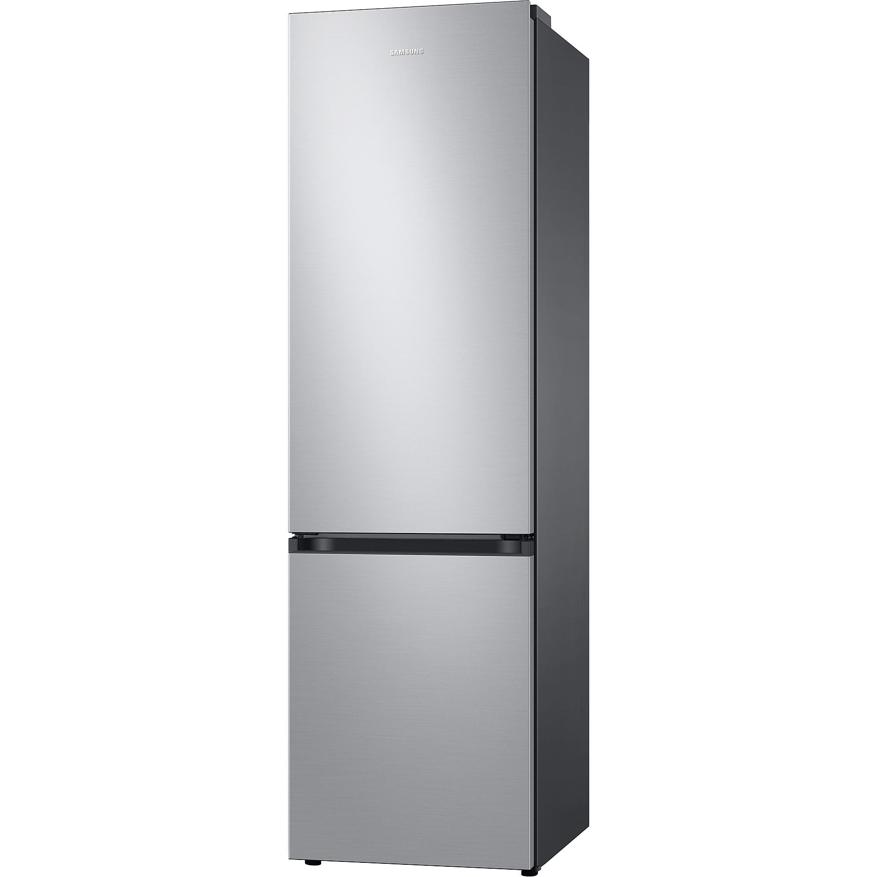 Edelstahl Samsung Kühlschrank. Zwei Türen. Schwarzer Griff an der unteren Tür.