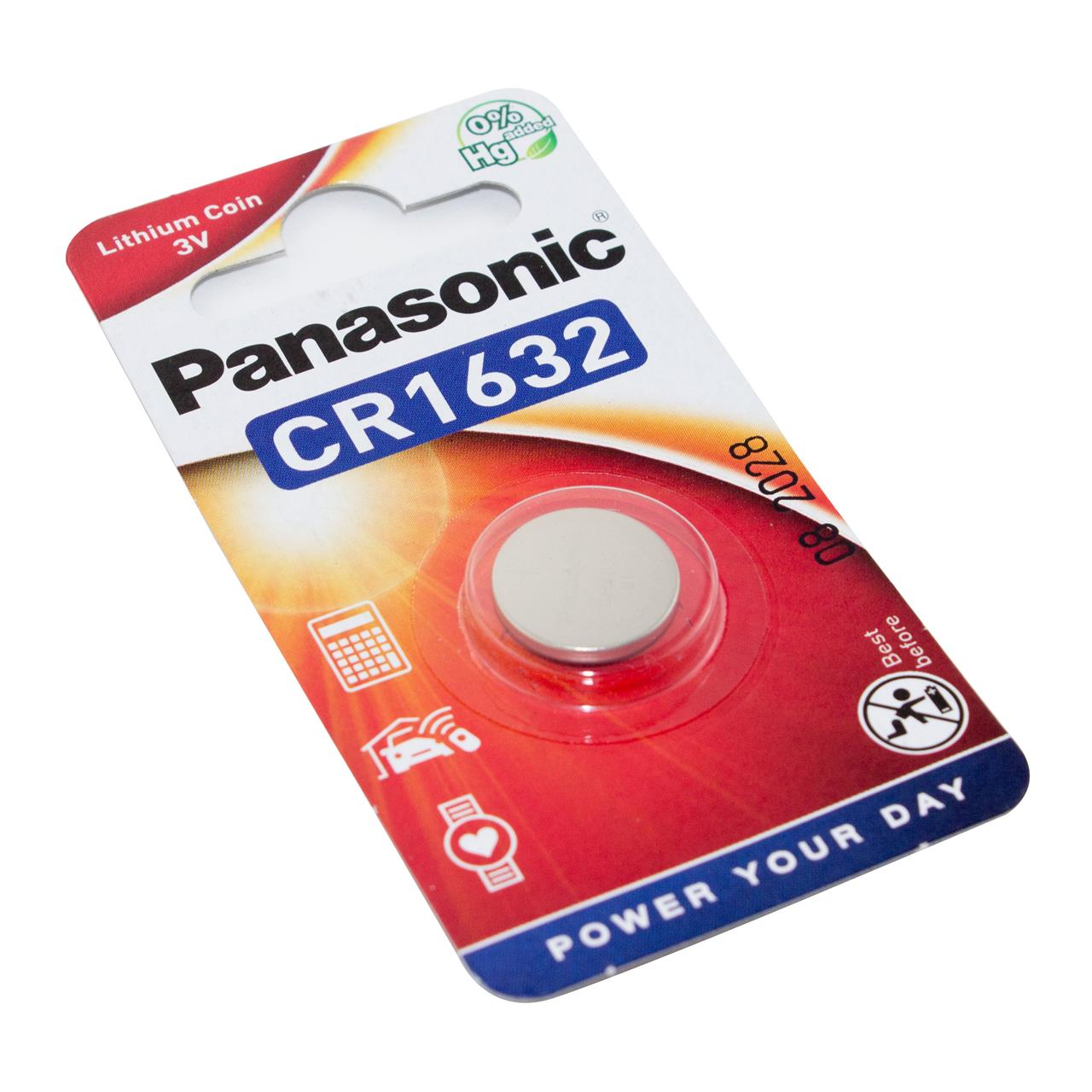 Panasonic CR1632 Batterie in Blisterpackung. Rote und weiße Verpackung, weißer Hintergrund.