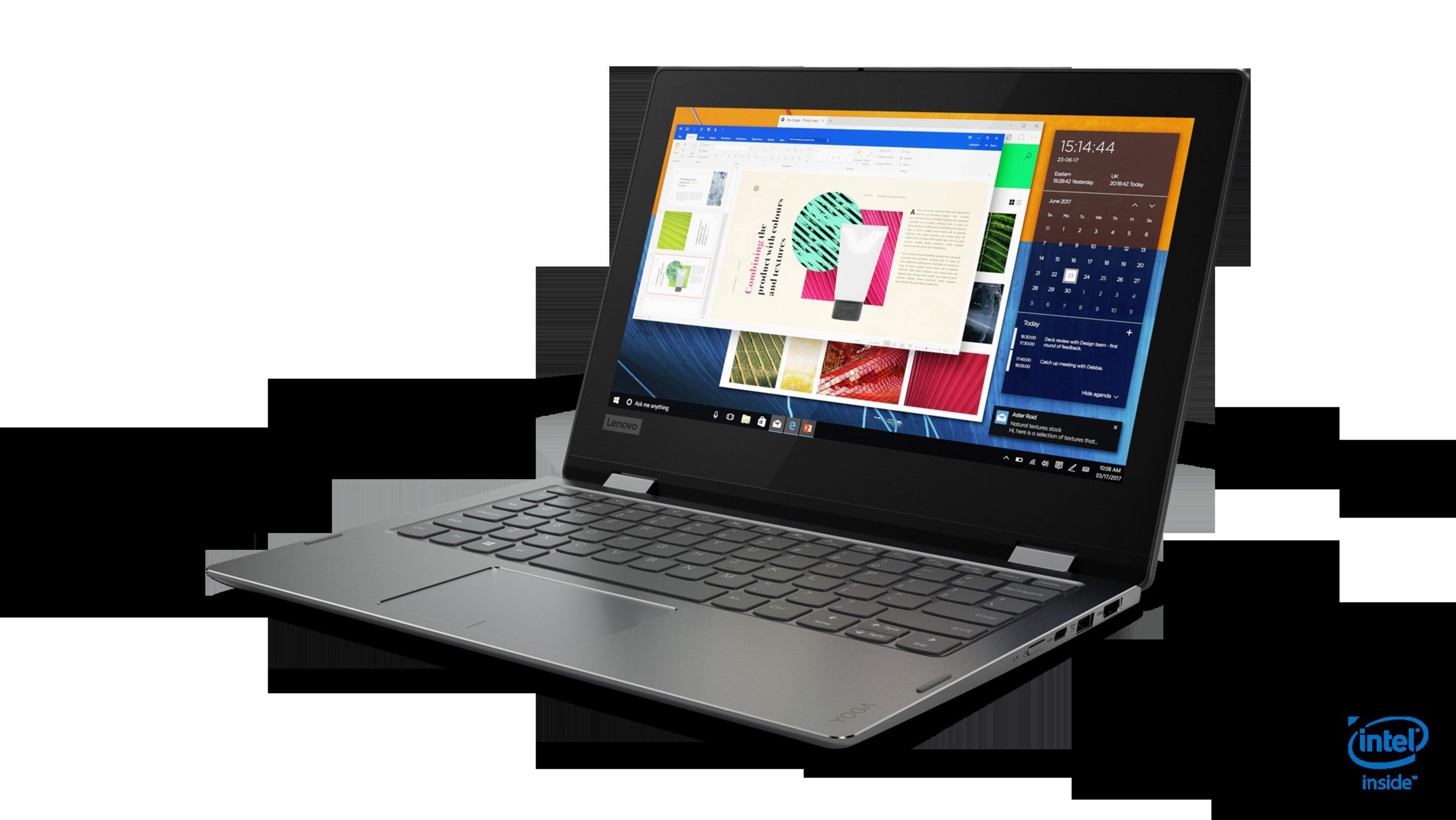 Lenovo-Laptop geöffnet, Bildschirm mit Kalender und Dokumenten. Silbernes Gehäuse, schwarze Tasten.