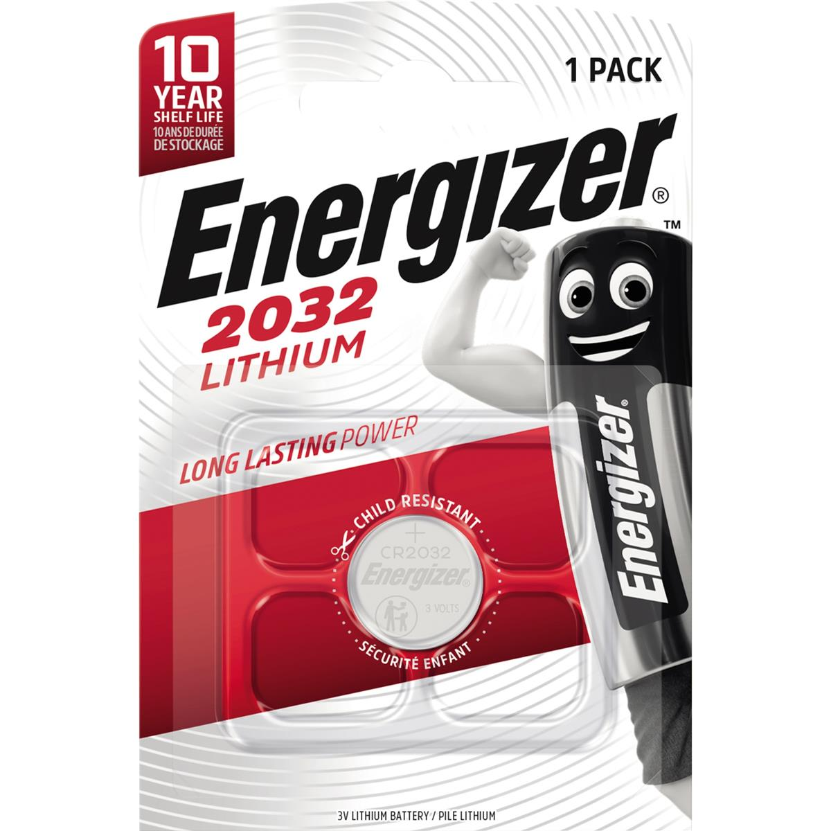Opakowanie baterii Energizer z kreskówkowym ramieniem i tekstem: 'LONG LASTING POWER'.