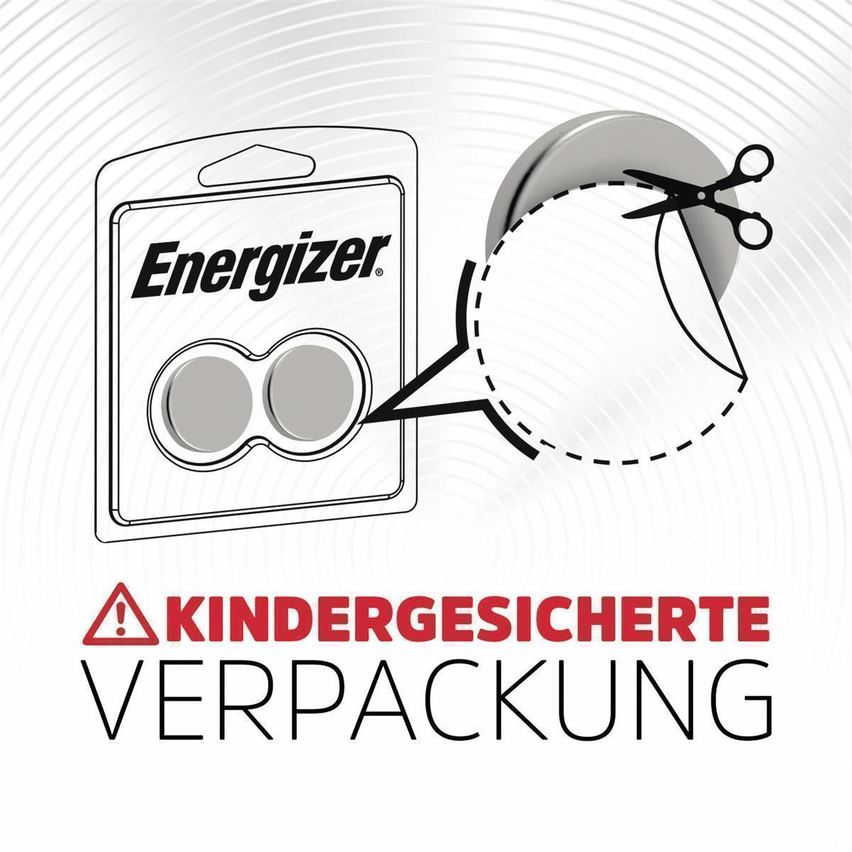 Opakowanie baterii Energizer z nożyczkami wokół opakowania baterii i tekstem: 'KINDERGESICHERTE VERPACKUNG'.