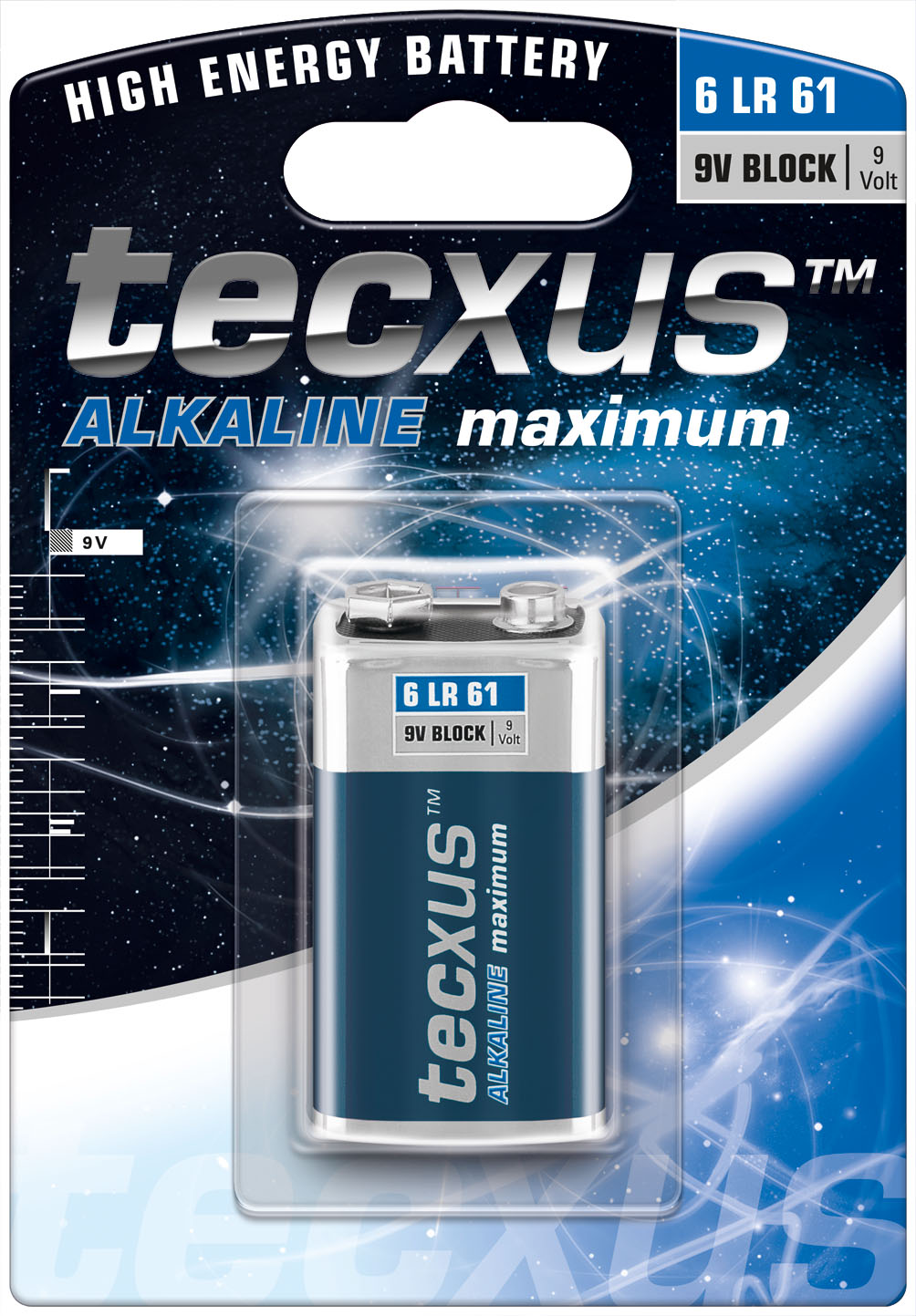 Una batteria alcalina da 9V in una confezione sigillata, con il marchio 'tecxus'.