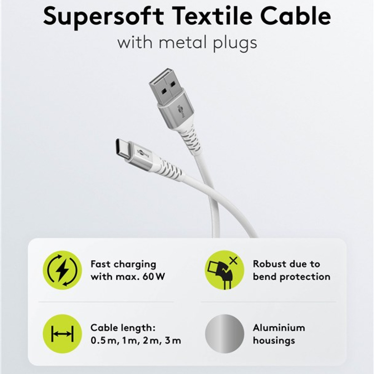 White textile cable with metal plugs, product details displayed.