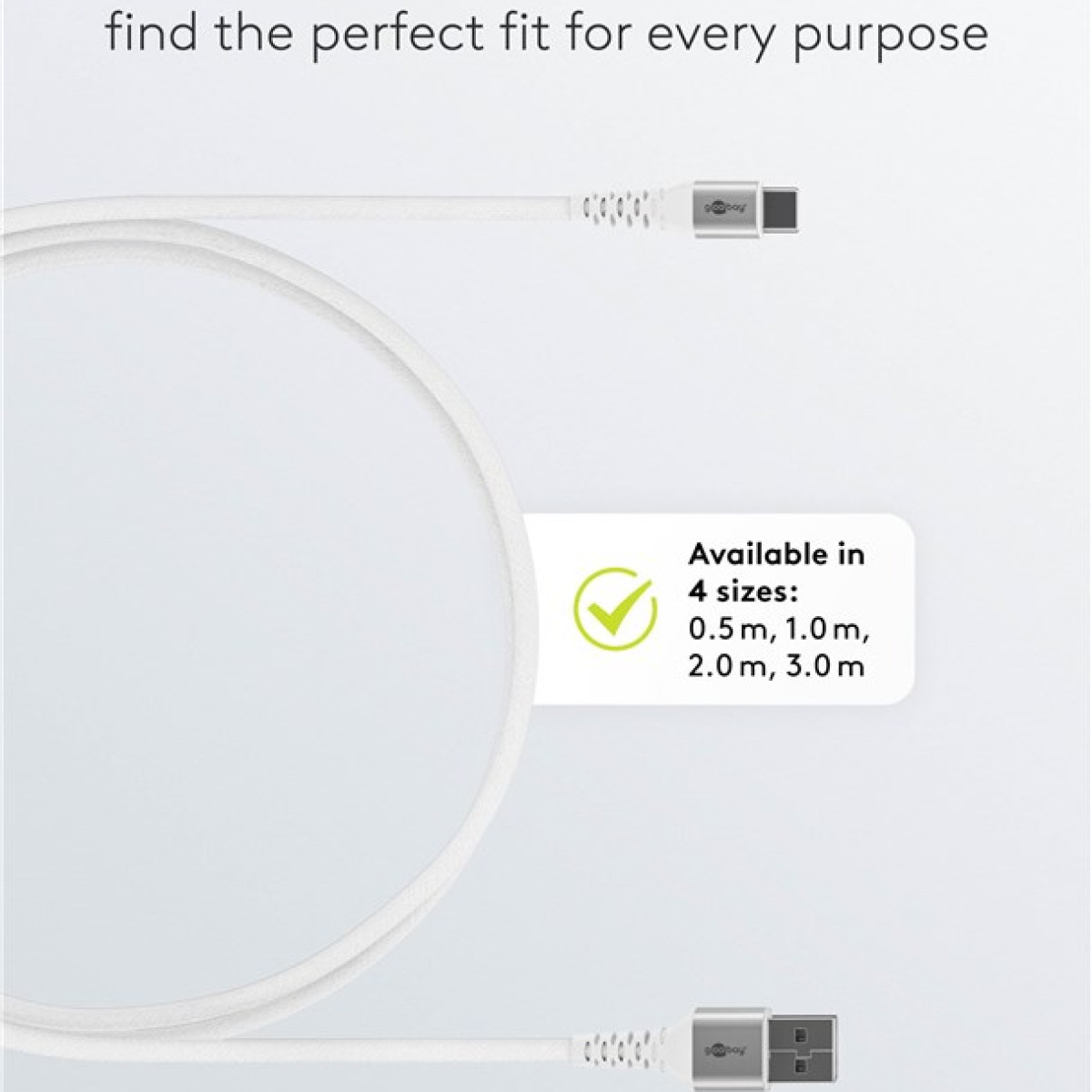 White cable with metal connectors, displayed in 4 sizes.
