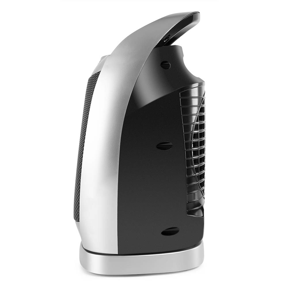 Srebrno-czarny przenośny grzejnik, widok z boku. Kratka z tyłu, uchwyt i podstawa.