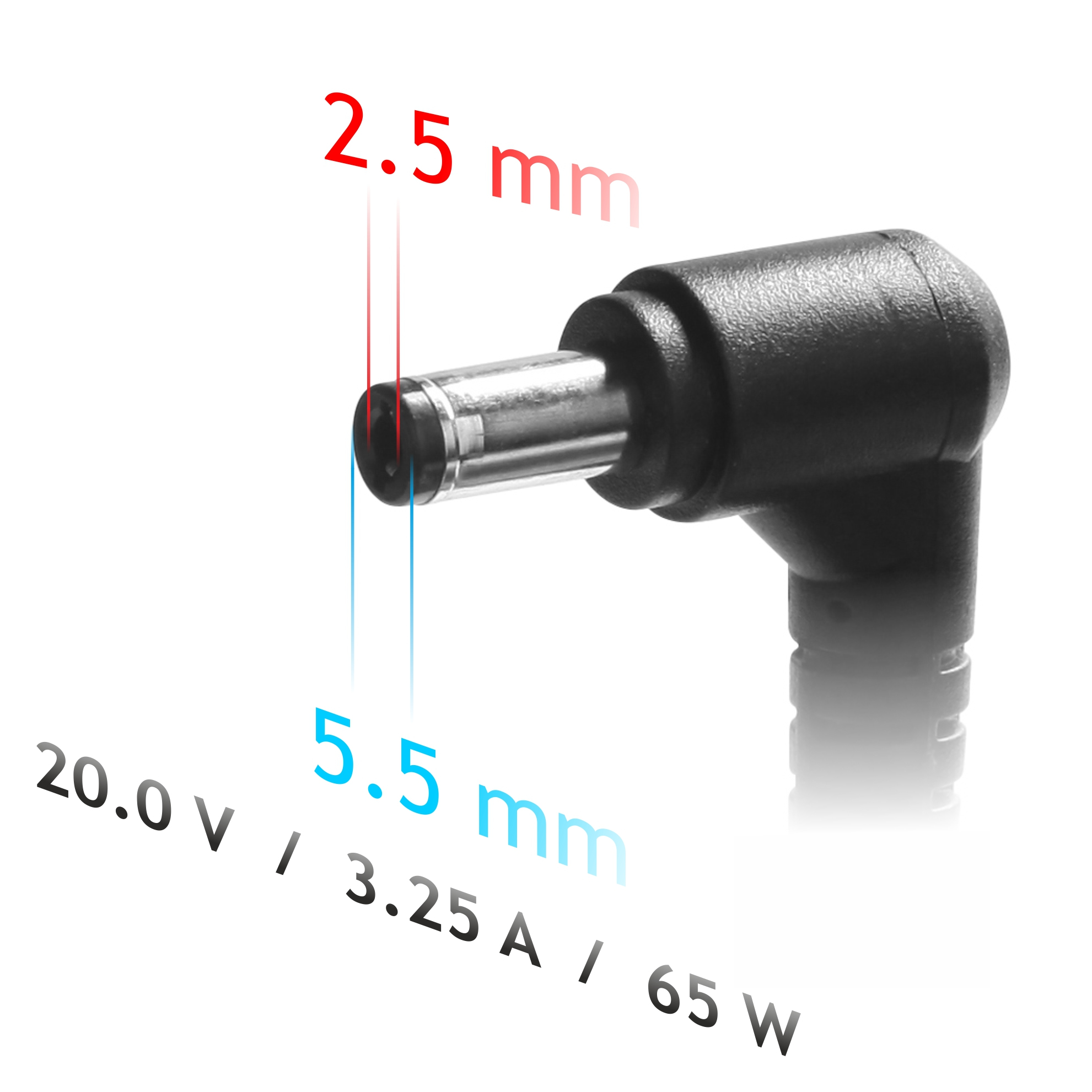 Czarna wtyczka zasilacza. Tekst: 2,5 mm, 5,5 mm, 20,0 V / 3,25 A / 65 W. Białe tło.