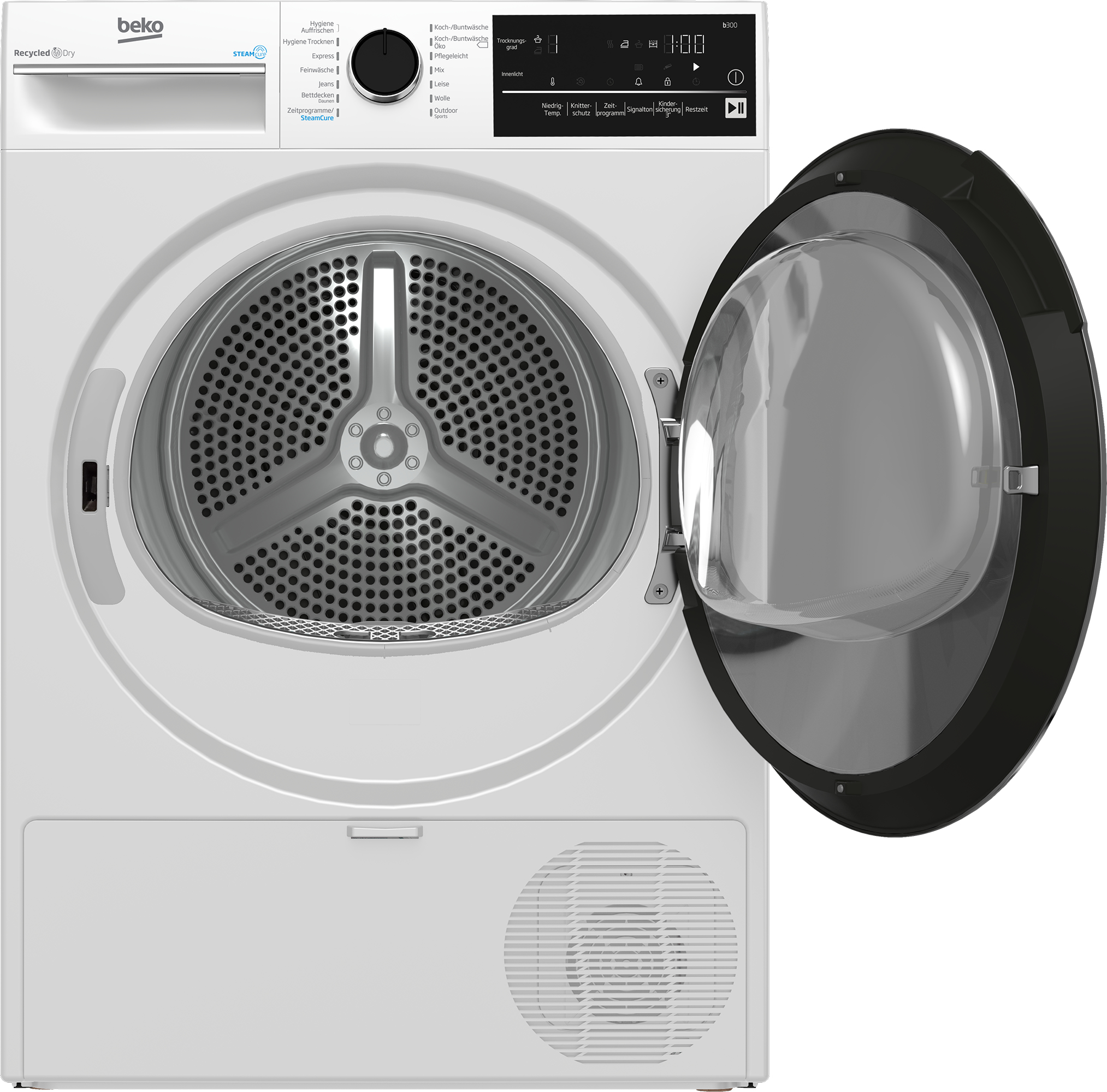 Weißer Beko-Trockner mit offener Tür. Trommel sichtbar. Schwarze und silberne Details. Bedienfeld oben.