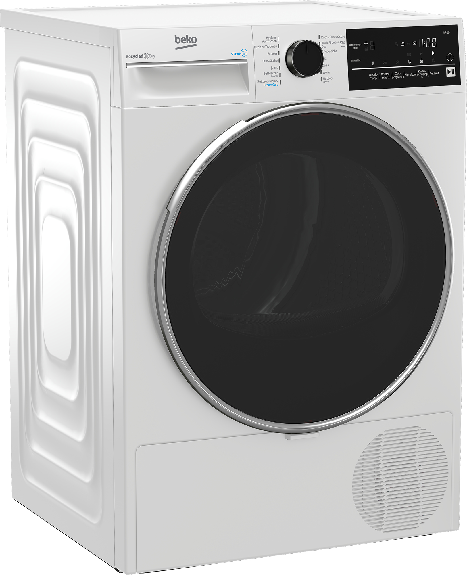 Ein weißer Beko-Trockner mit schwarzer Tür und Bedienfeld. Er ist Recycled Dry.