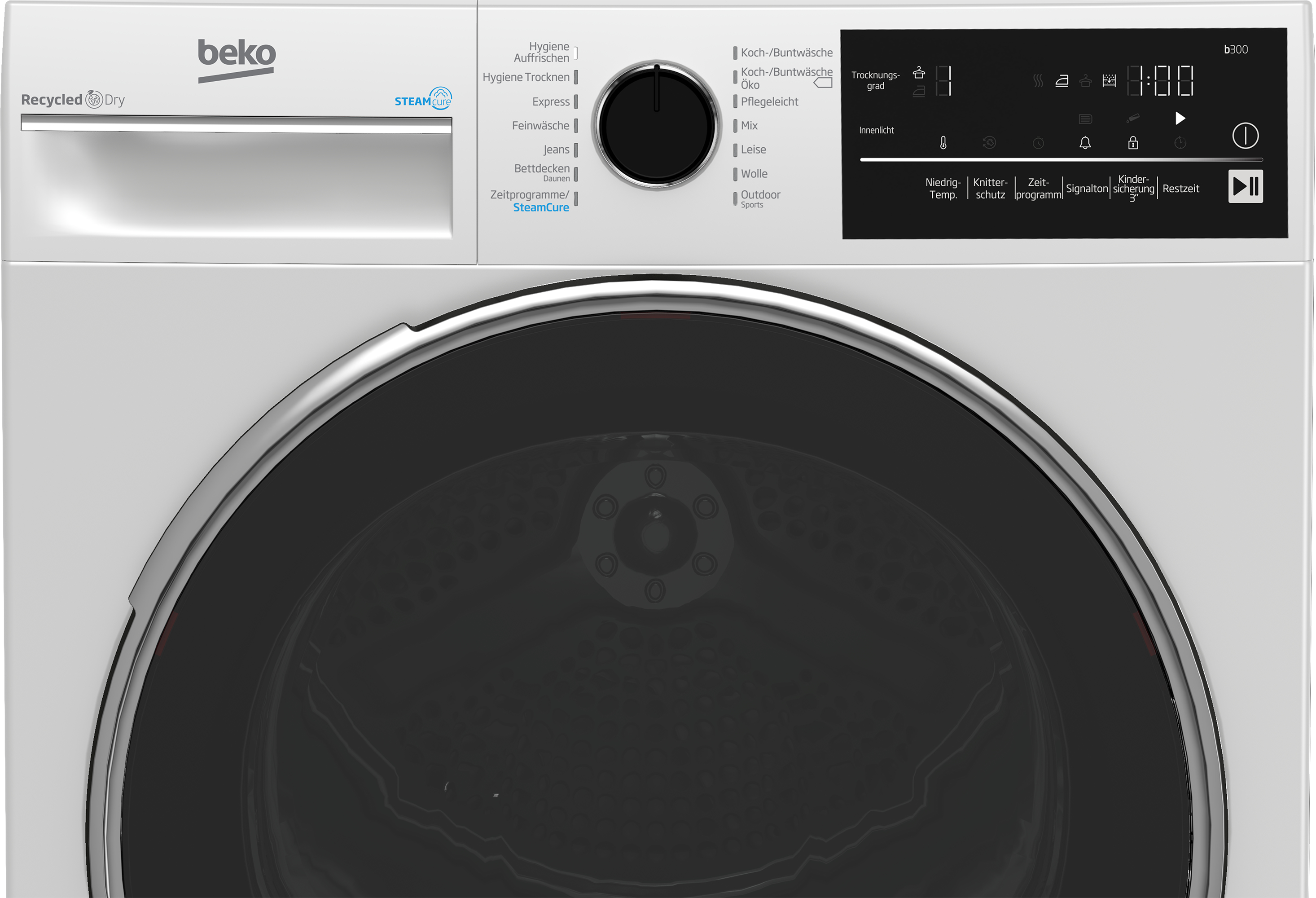 Nahaufnahme des Bedienfelds eines weißen Beko-Trockners. Schwarzer Drehknopf, Digitalanzeige, Programmauswahl.