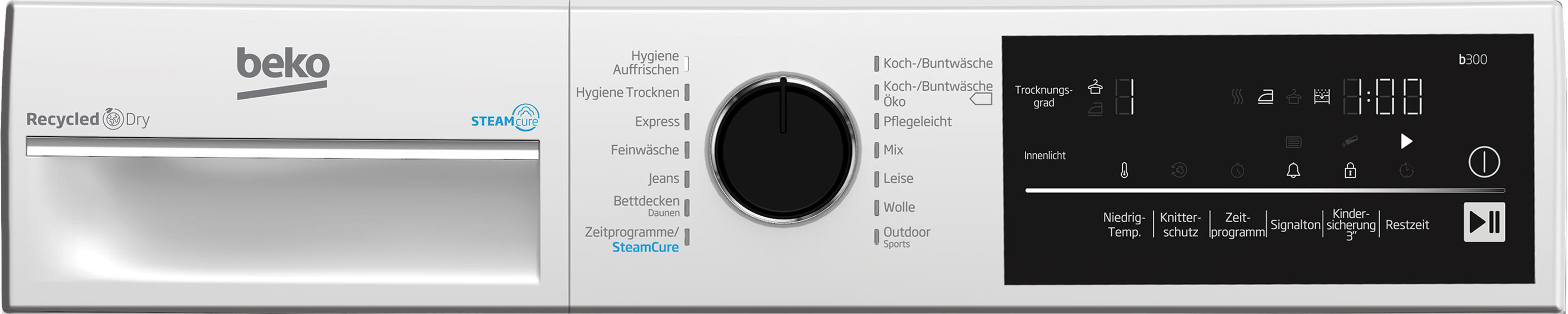 Weißes und schwarzes Beko Waschmaschinen-Bedienfeld mit Knöpfen und Display. Weißer Hintergrund.